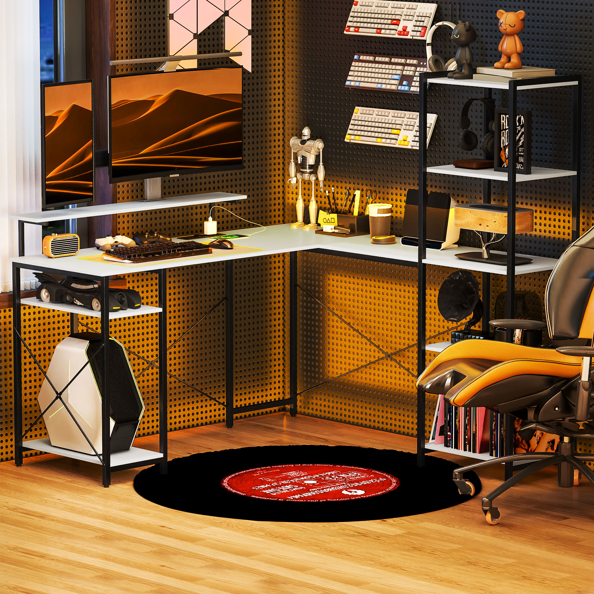  Birou de Colt pentru Computer in Forma de L cu Biblioteca, 137x140x139,5 cm, Negru [8]