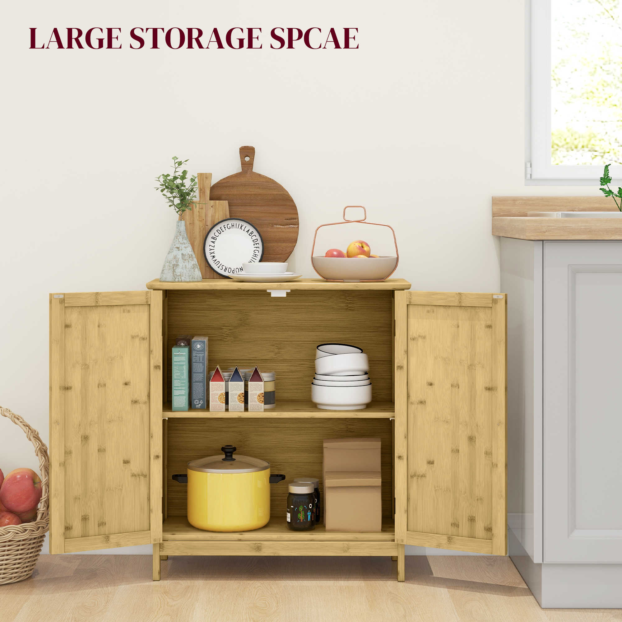  Comoda in Stil Boho din Rattan si Bambus, Dulap cu 2 Usi si Raft Interior, 60x27x67.5 cm, Lemn Natural [3]