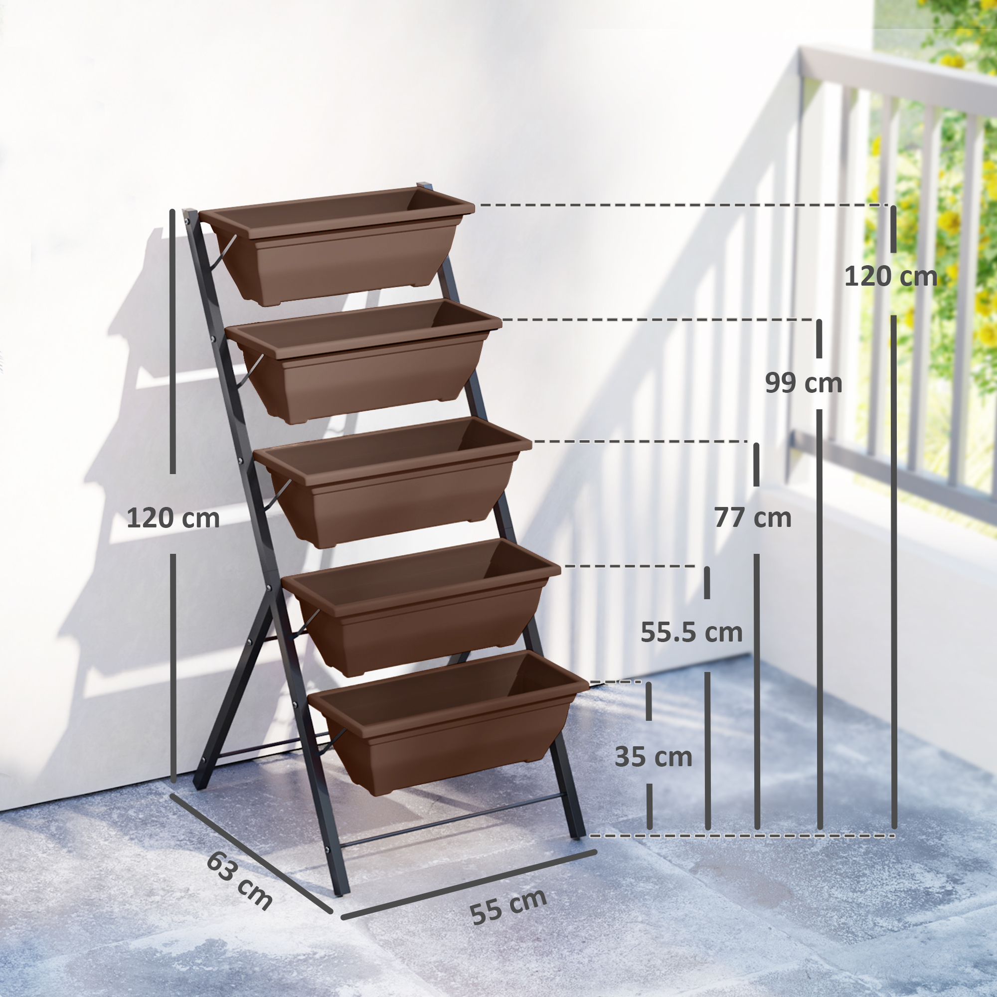  Suport pentru plante vertical pe 5 niveluri cu 5 ghivece cu orificii pentru drenaj, din otel si PE, 55x63x120 cm, maro [2]