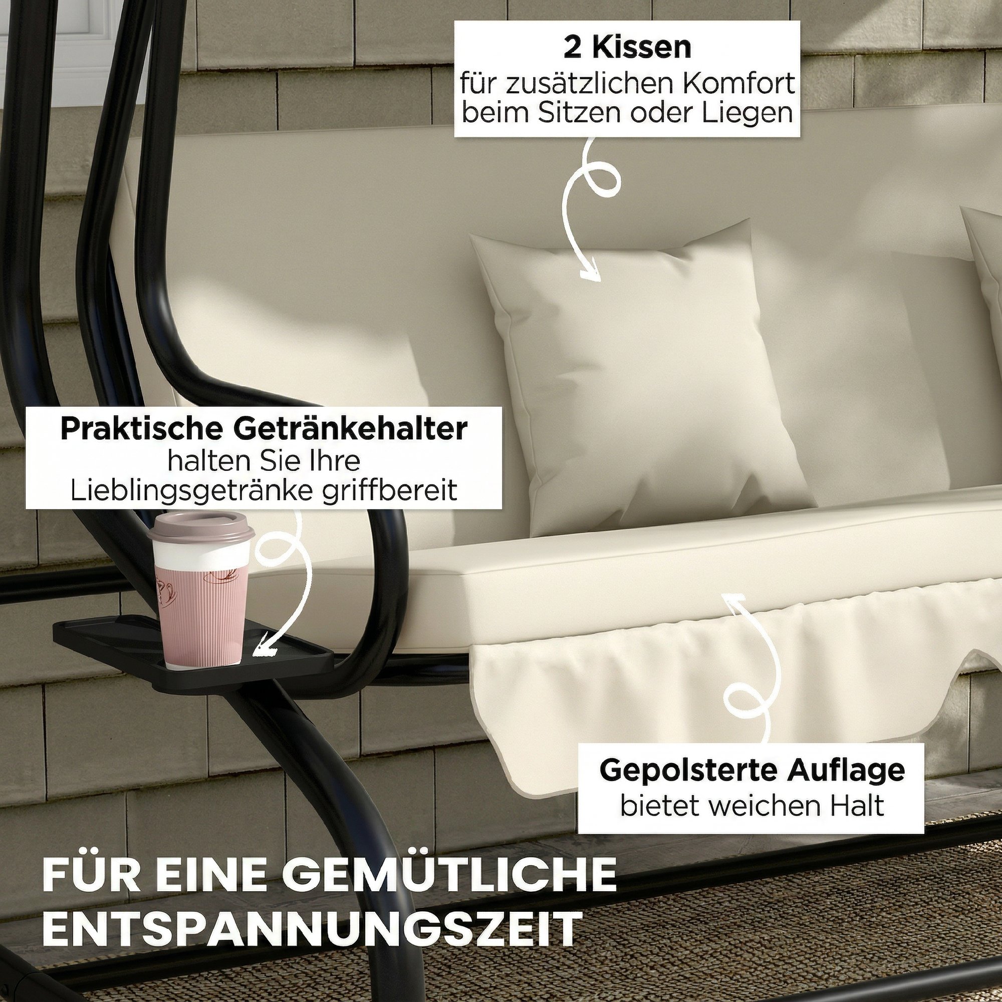  Leagan Pat de Gradina cu acoperis reglabil si tavi, din otel si Teslin, 200x120x164 cm, crem [6]