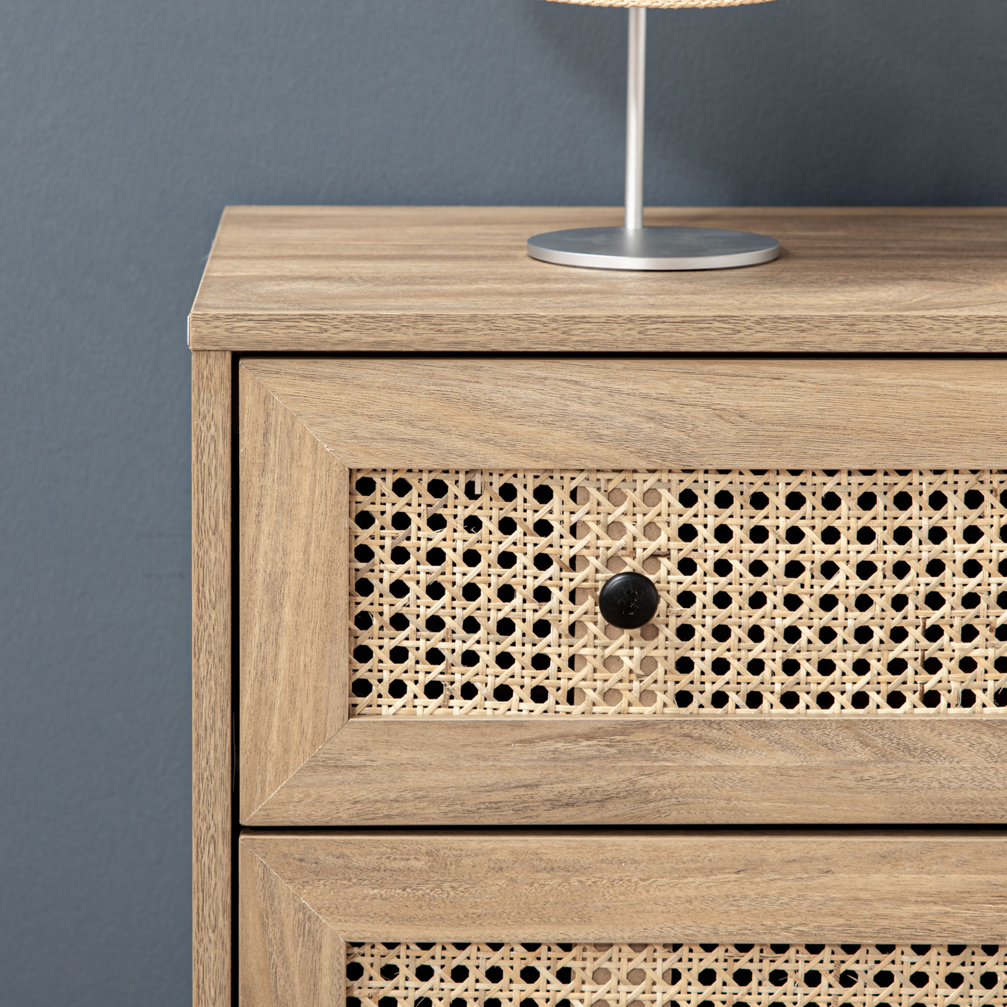  Comoda cu 4 Sertare si Insertii din Rattan Stil Boho, 80x35x95 cm, Lemn Natural [6]