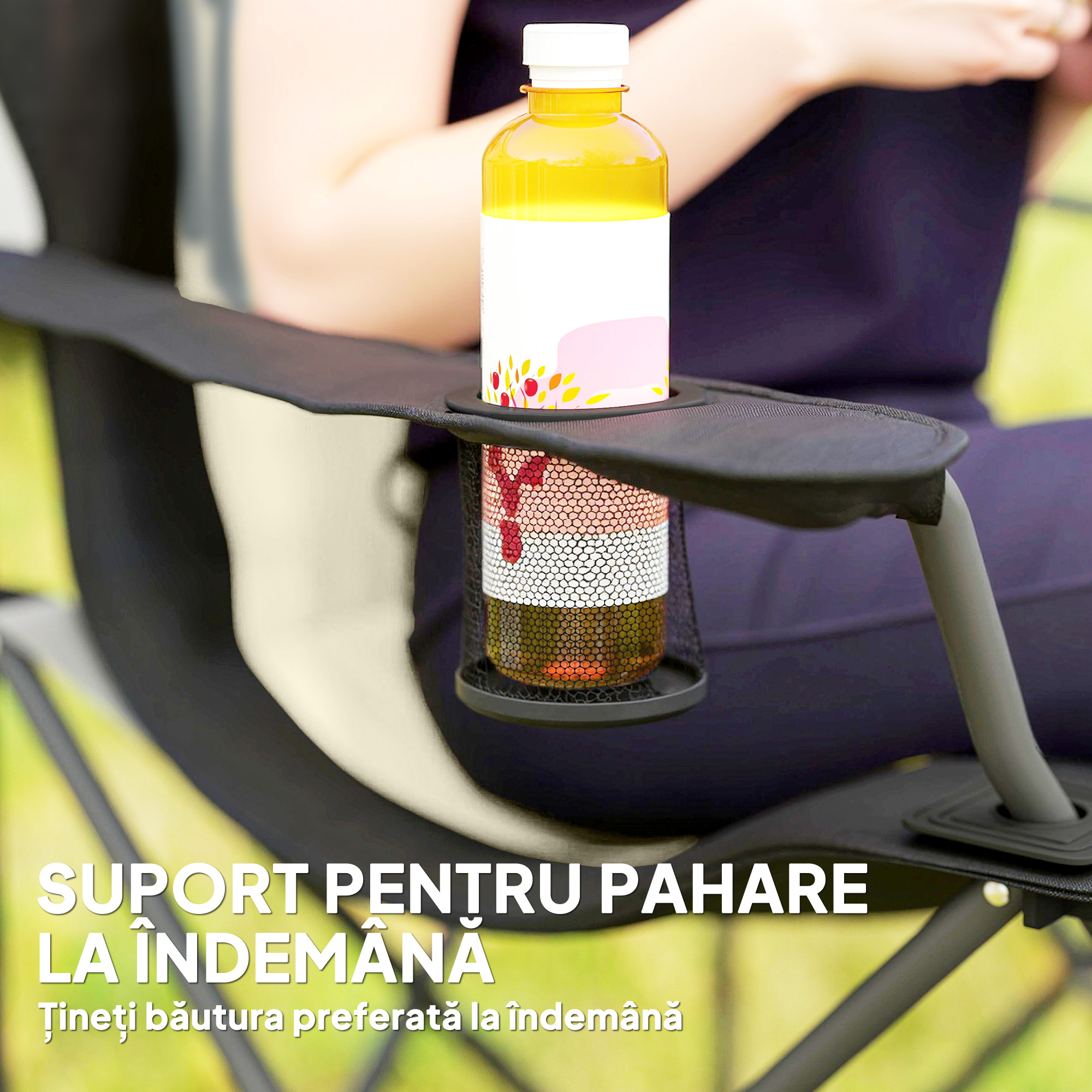  Set 2 Scaune Pliabile de Camping cu Suport Pahar si Genti Crem [5]