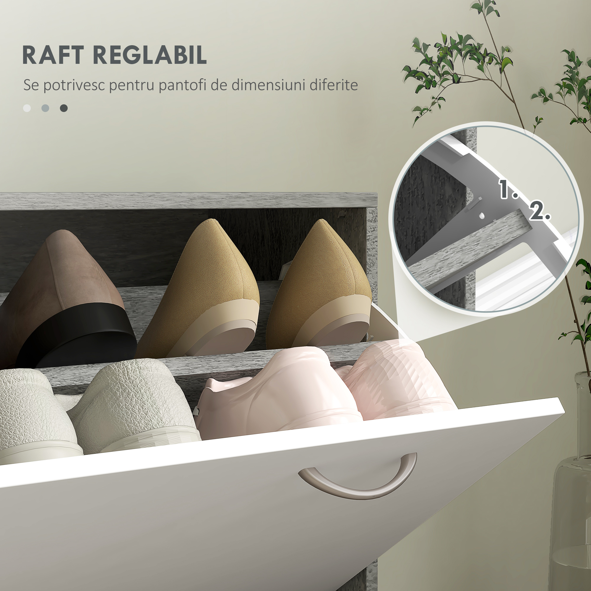  Mobilier pentru Hol cu Raft pentru incaltaminte, Oglinda, 6 Carlige, 2 Rafturi si Sertare, 90x24x177 cm, Gri [5]