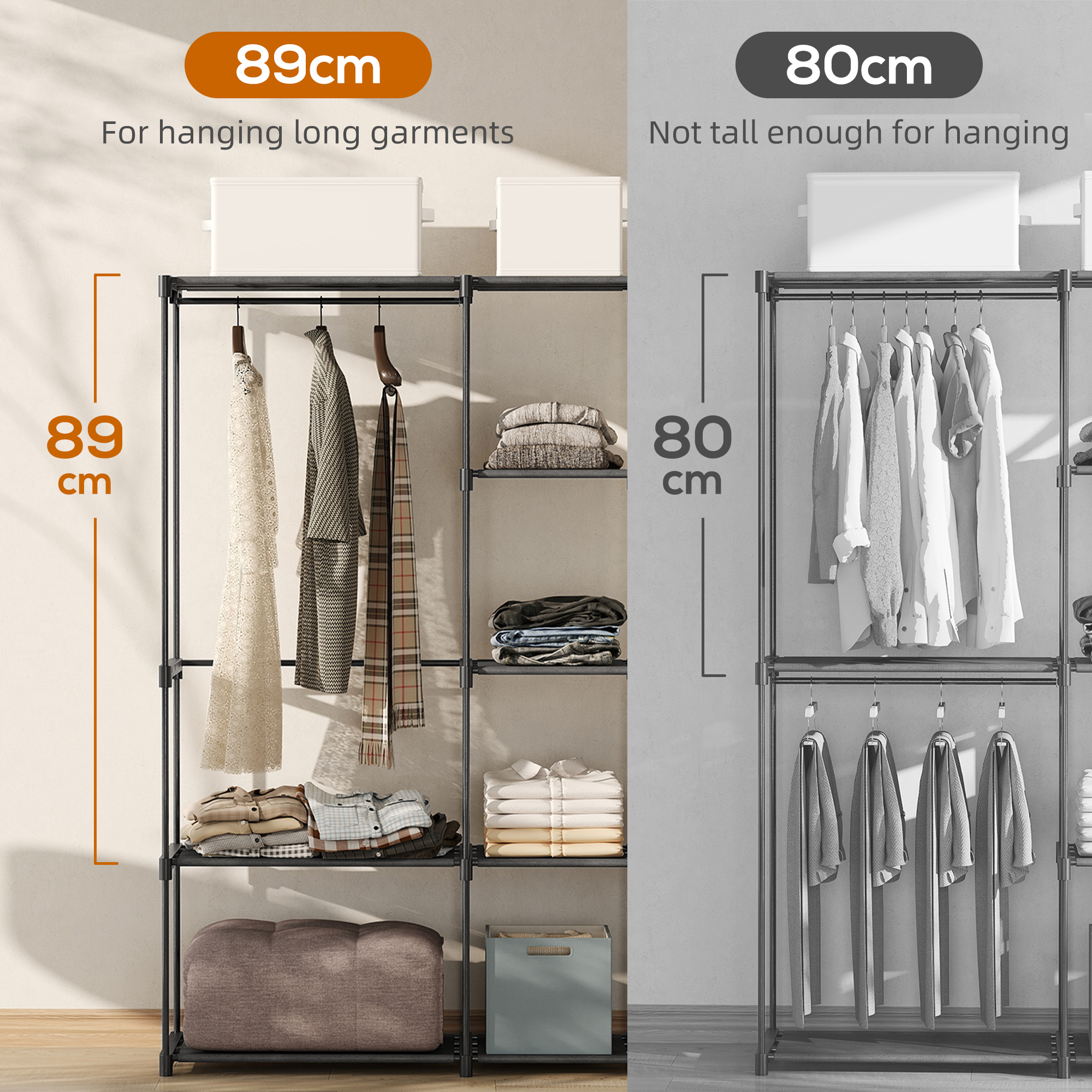  Dulap Garderoba din Material Textil cu 8 Rafturi si 3 Bare pentru Umerase, 182x43x185 cm, Negru [3]