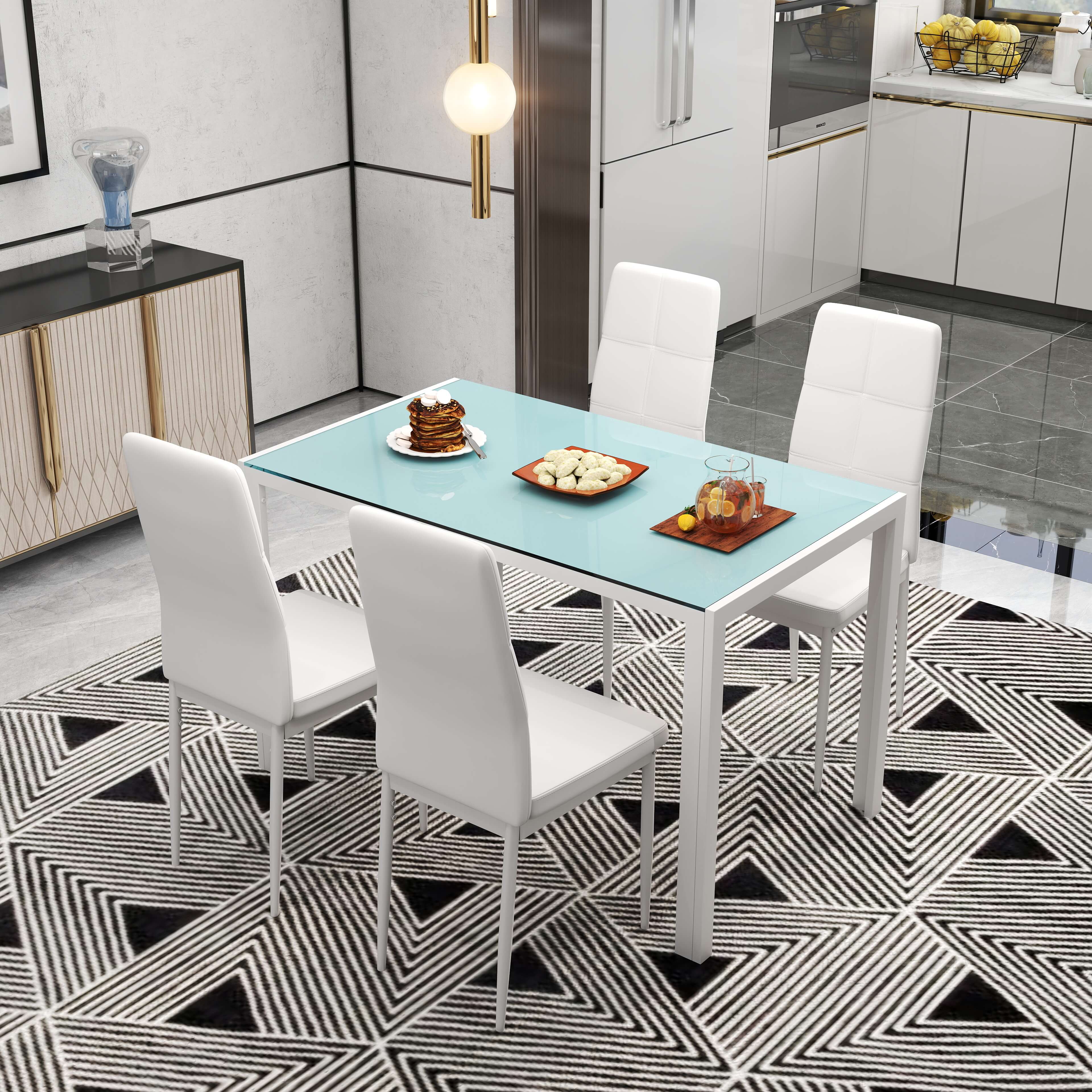  Set Dining Alb Modern - Masa + 4 Scaune Tapitate pentru 4 Persoane [1]