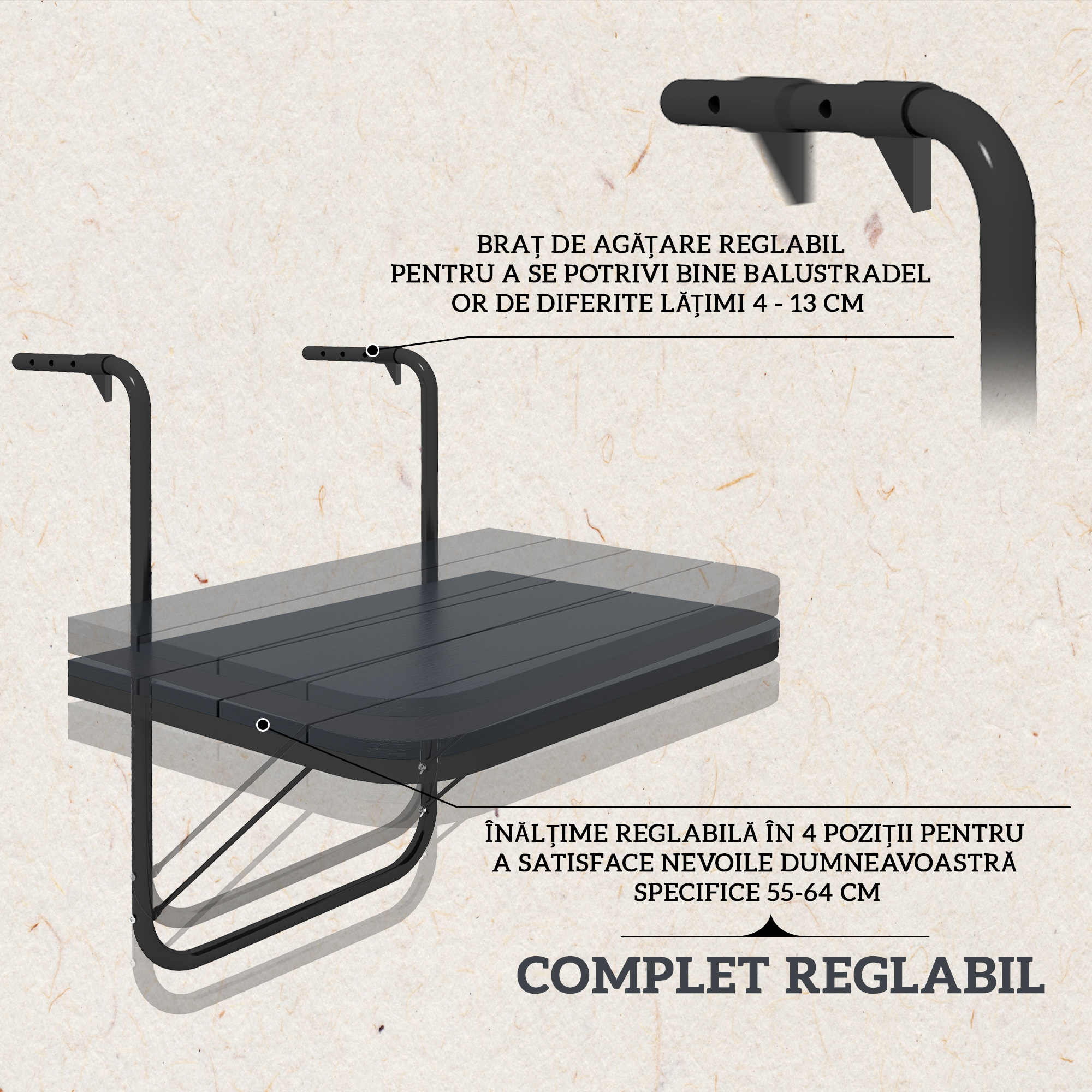  Masuta Pliabila si Reglabila pentru Balcon, Masa Suspendata pentru Balustrada, din Aluminiu si Plastic cu Efect de Lemn, Suport pentru Plante sau Gustari, Negru [3]