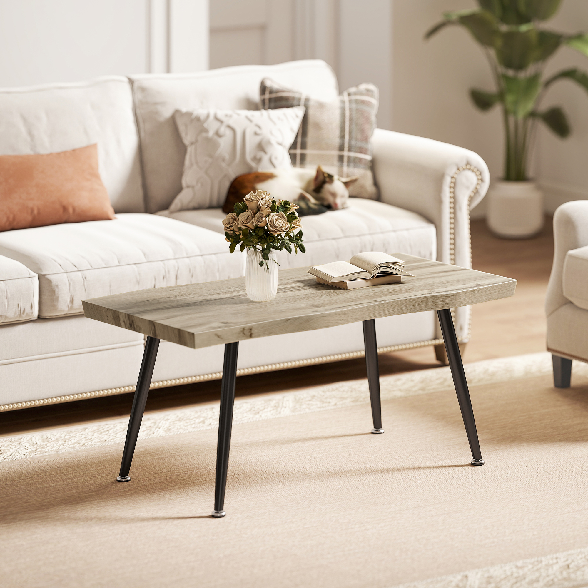  Masa de cafea stil nordic cu picioare reglabile, din lemn si otel, 100x50x45 cm, negru si stejar [1]