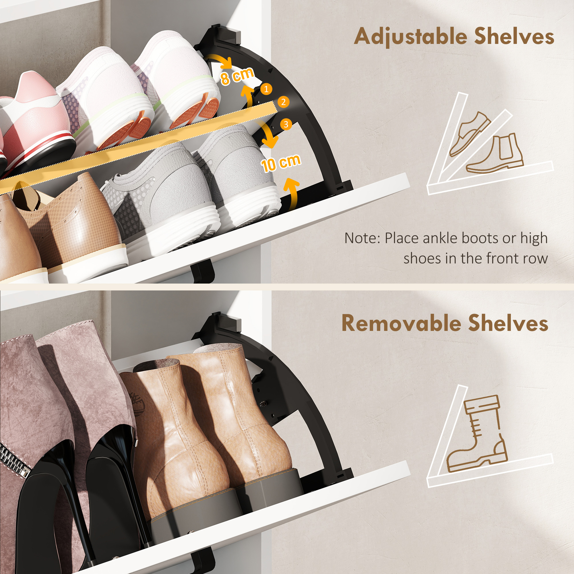  Dulap pentru pantofi slim cu 2 sertare rabatabile si 3 rafturi, Capacitate 15 perechi, 83x24x90.5 cm, Alb [4]