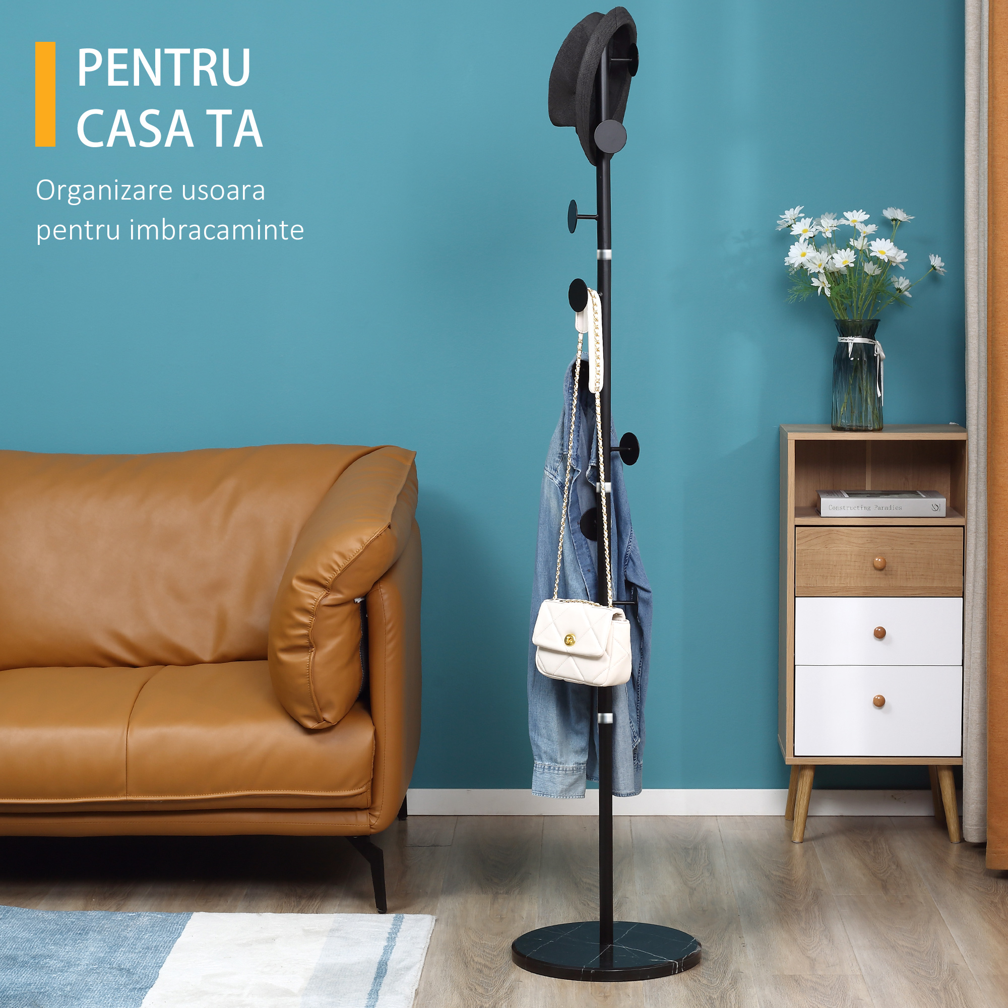  Cuier de Podea cu 8 Carlige, Cuier pentru Intrare si Dormitor din Otel cu Baza din Marmura, 35x35x170cm, Negru [3]