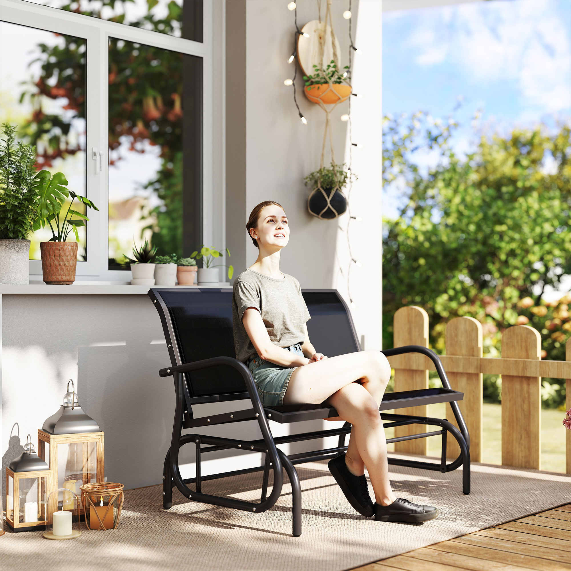  Banca Tip Leagan 2 Locuri din Metal, Negru, 123x70x87 cm [1]