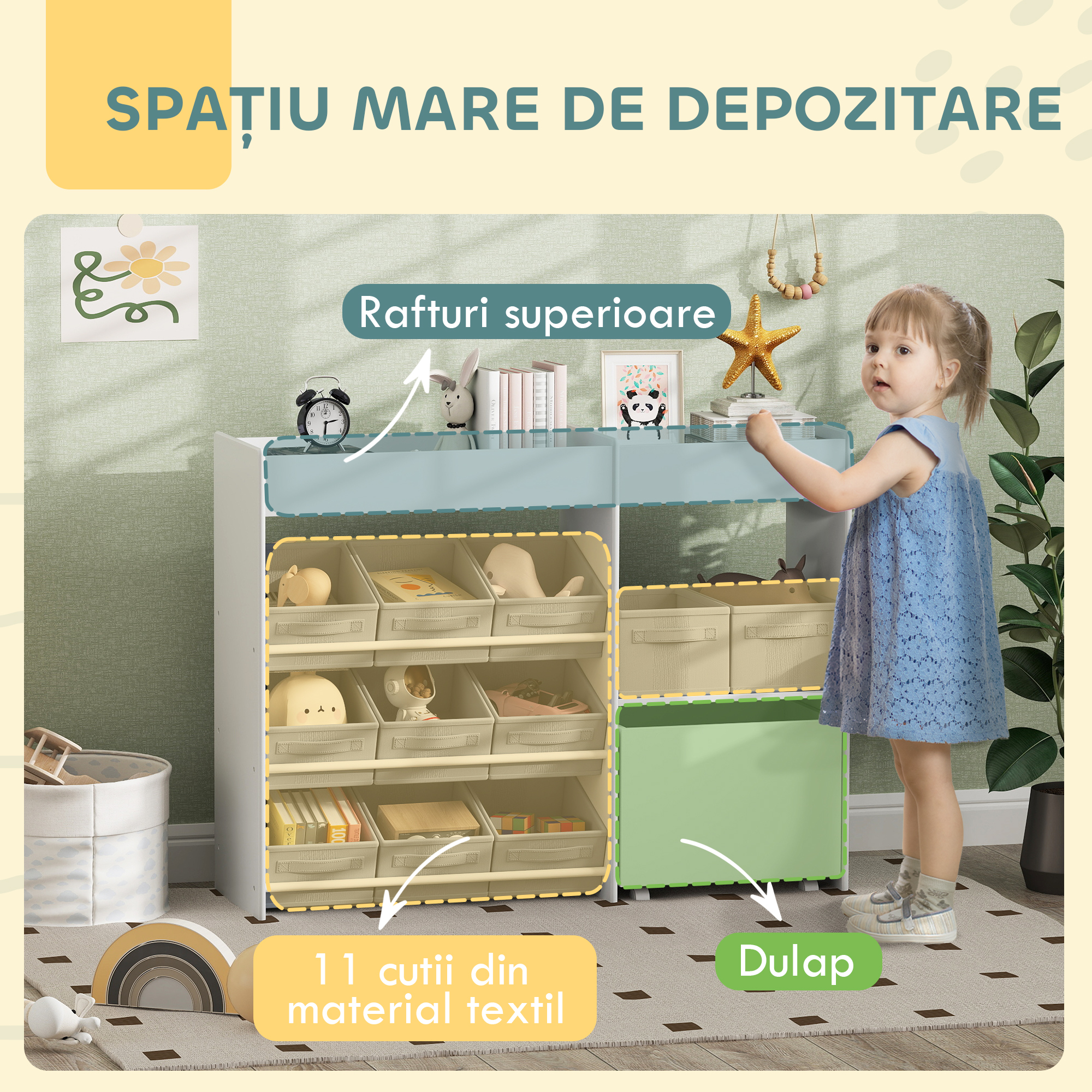 Mobilier  pentru Jucarii pentru Copii cu 11 Cosuri din tesatura, Dulap si Rafturi, 105x30x80 cm, Alb [3]