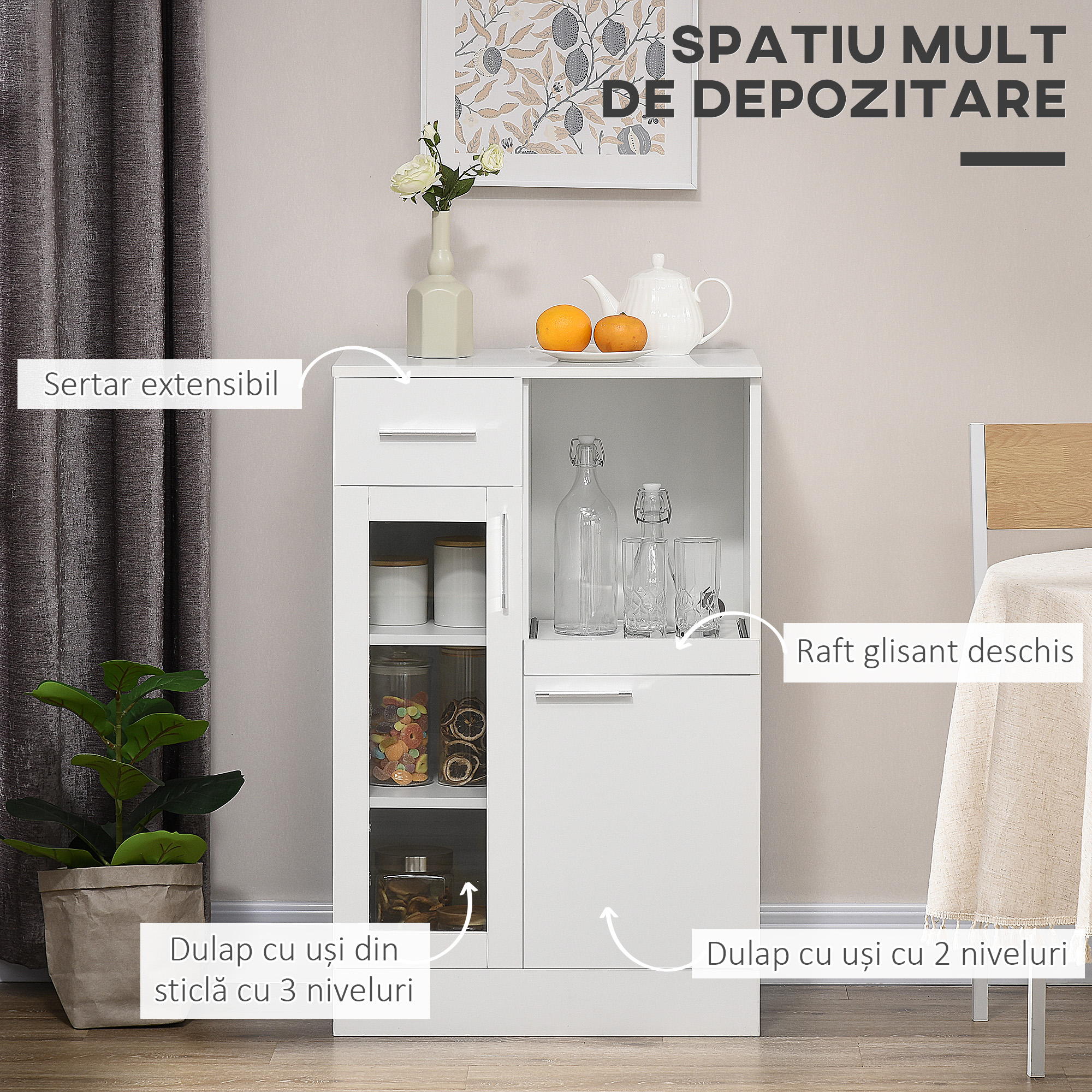  Bufet modern cu dulapuri si sertar, dulap de bucatarie cu economie de spatiu din lemn si sticla 60x40x95cm, alb [3]