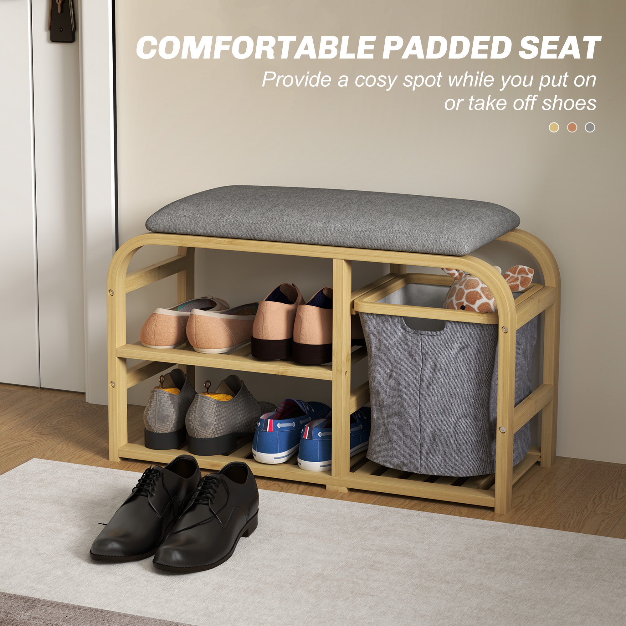  Banca pentru Pantofi din Bambus cu 2 Rafturi si Cos Detasabil, 70x30x45 cm, Lemn [3]