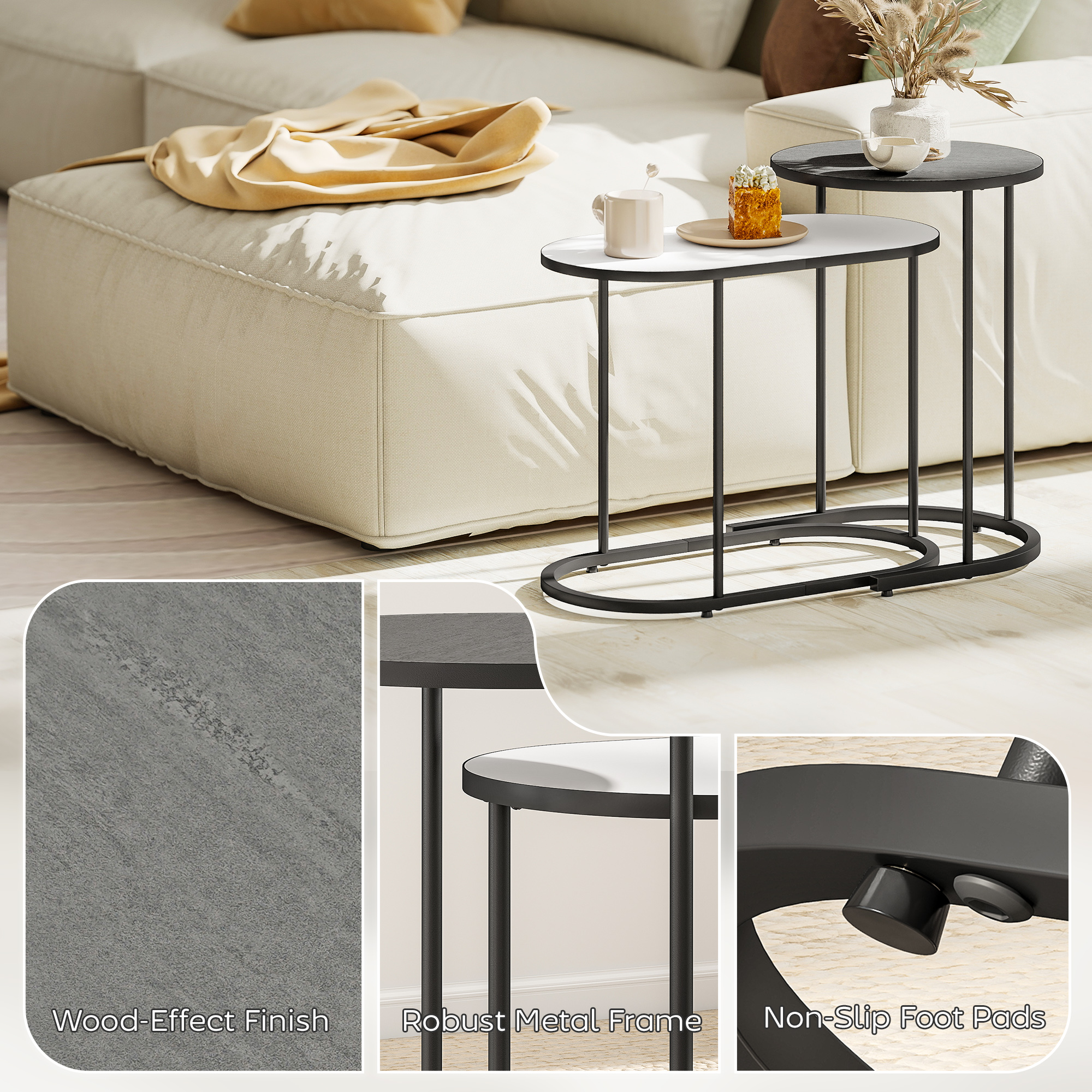  Set 2 Masute de Cafea Suprapuse cu Cadru Metalic pentru Sufragerie si Birou, Gri si Alb [4]