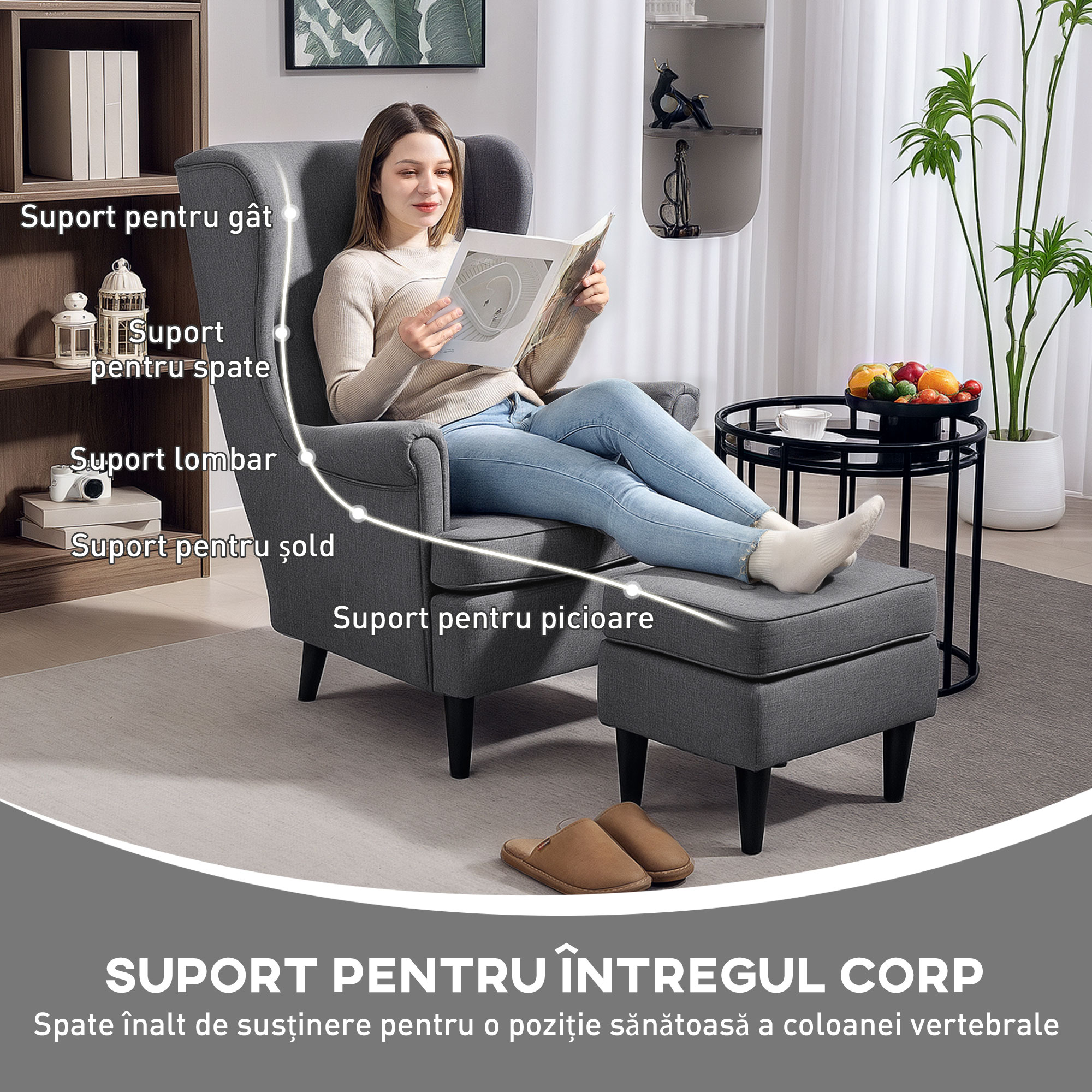  Fotoliu de Sufragerie din Material Textil cu Taburet, Spatar inalt si Perna, Gri [3]