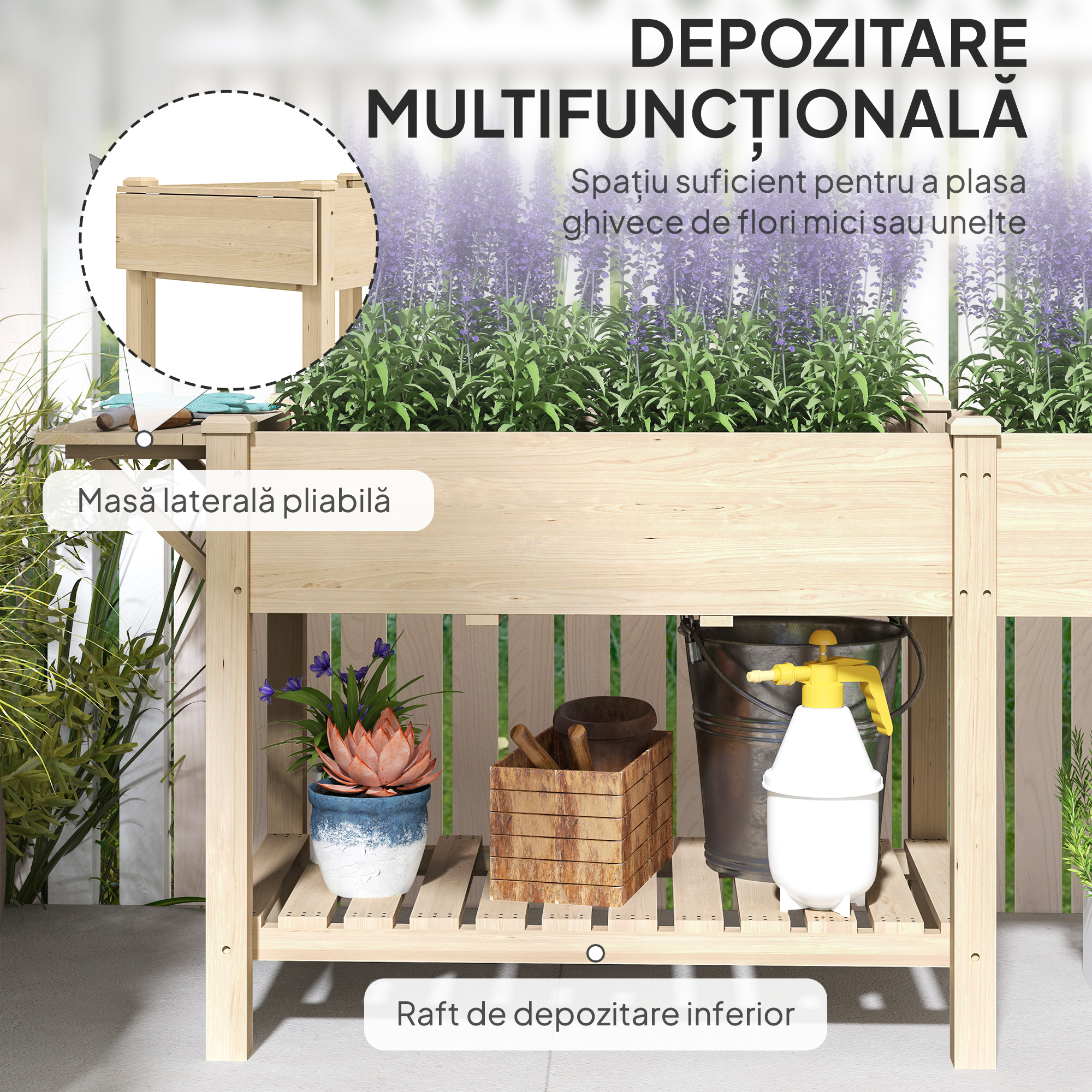  Jardiniera Ridicata cu Masuta Laterala si Raft pentru Unelte Inferior, din Lemn de Molid, 207x59x78 cm [4]