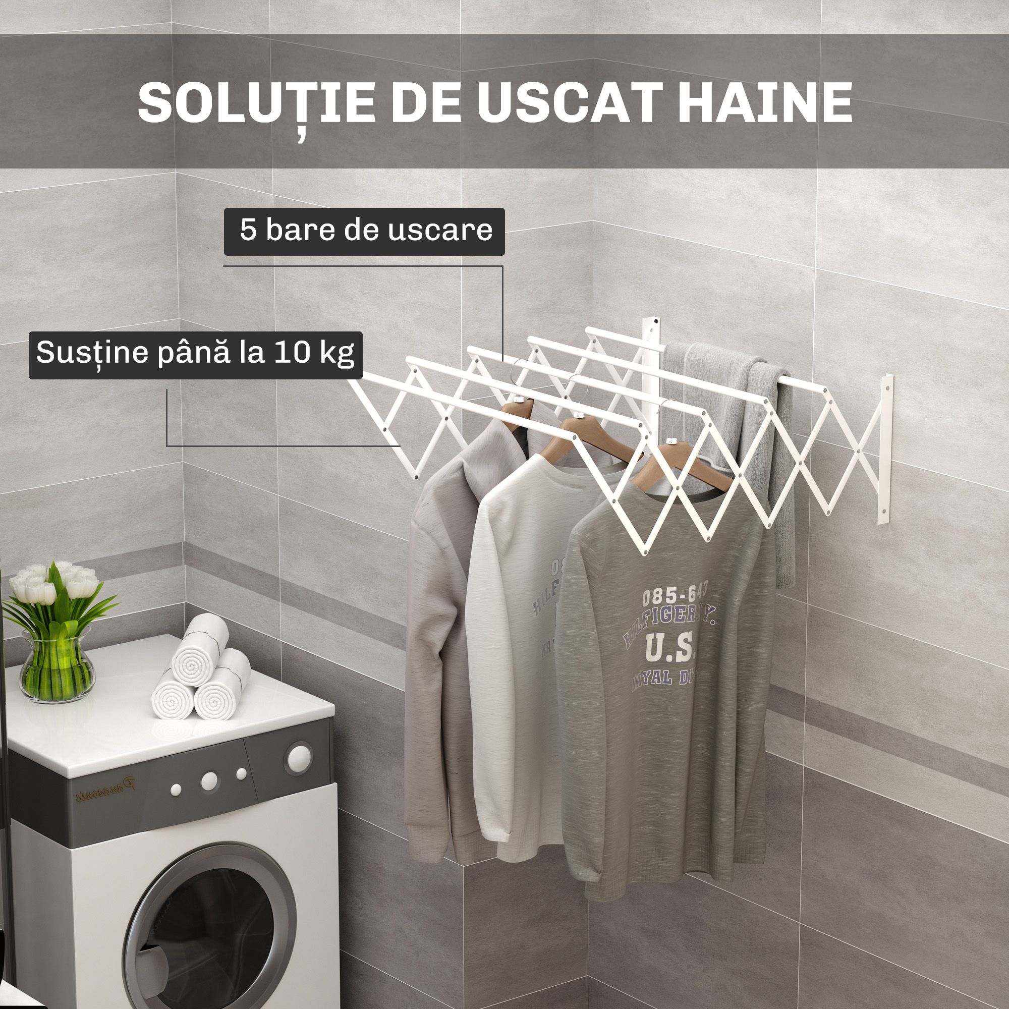 Uscator de Rufe Retractabil pentru Perete, Uscator Pliabil Economisitor de Spatiu din Metal pentru Interior si Exterior, 63,5x60x20 cm, Alb [3]