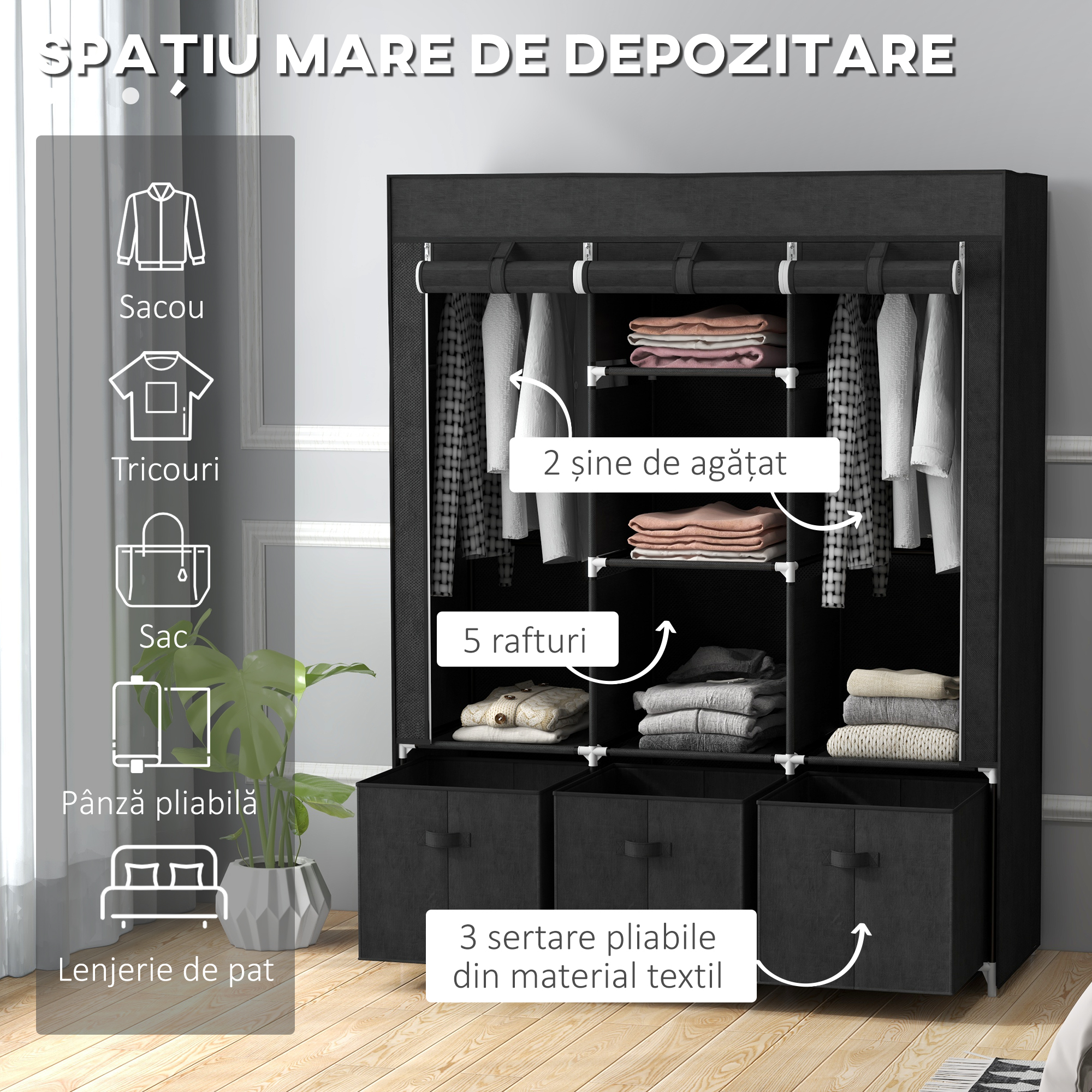  sifonier Pliabil Textil - Cu Rafturi & Sertare, Ideal pentru Spatii Mici [3]