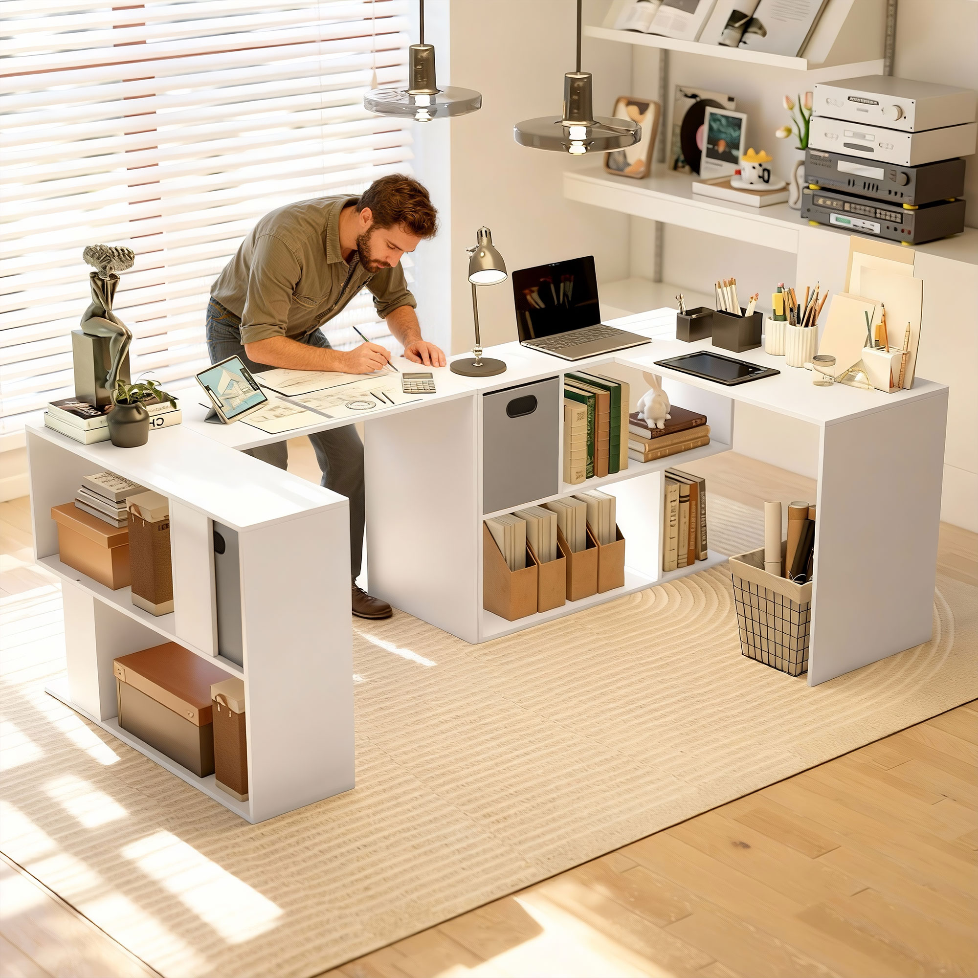  Birou in Forma de L pentru Computer, 110x100 cm, Birou cu Raft si Sertar din Material Textil, Masa PC pentru Dormitor, Birou si Camera de Studiu, Alb [7]