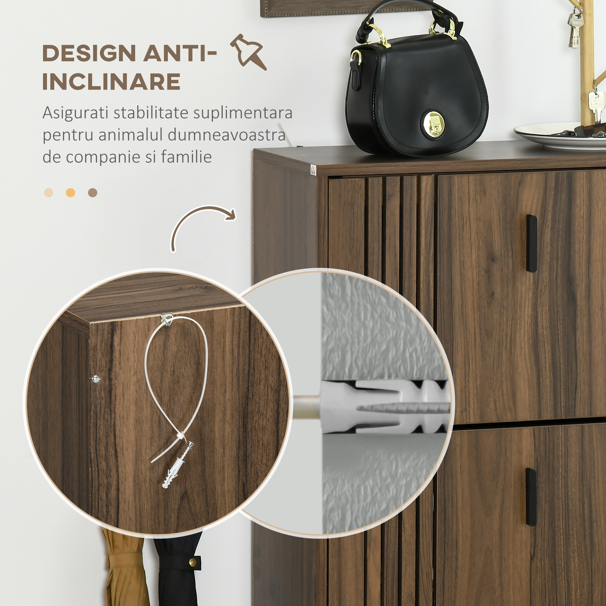  Dulap pentru Pantofi, Organizator de Pantofi cu 3 Sertare si Rafturi Reglabile pentru 18 Perechi, 63x24x114 cm, Nuc [5]