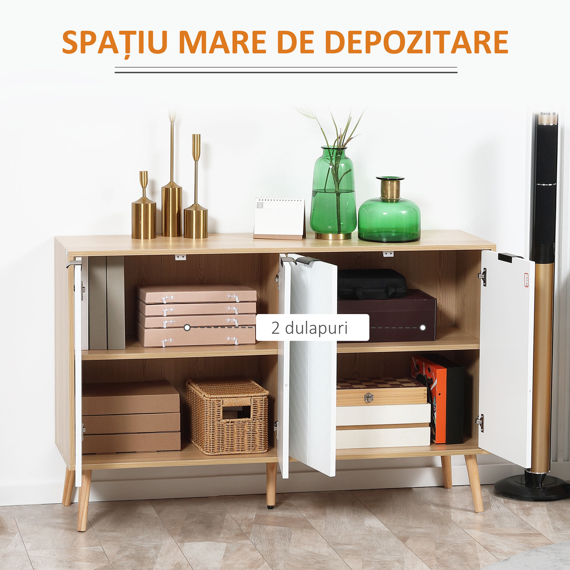  Bufet Bucatarie, Mobilier Bucatarie cu Rafturi Reglabile si Picioare din Lemn de Pin, Bufet Modern pentru Living, Sufragerie, Bucatarie, 120x35x77.4cm, Natur si Alb [3]