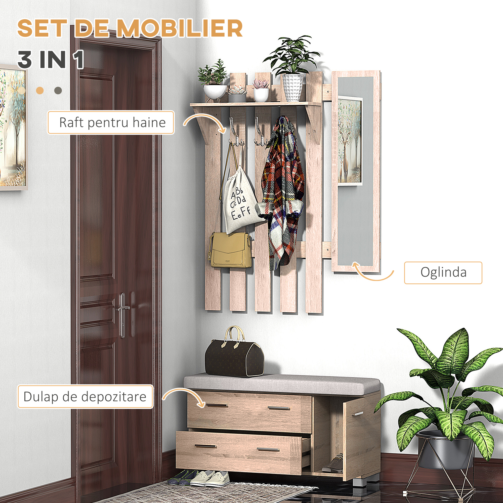  Set Hol 3 Piese - Dulap Pantofi, Cuier cu Oglinda, Design Lemn [3]