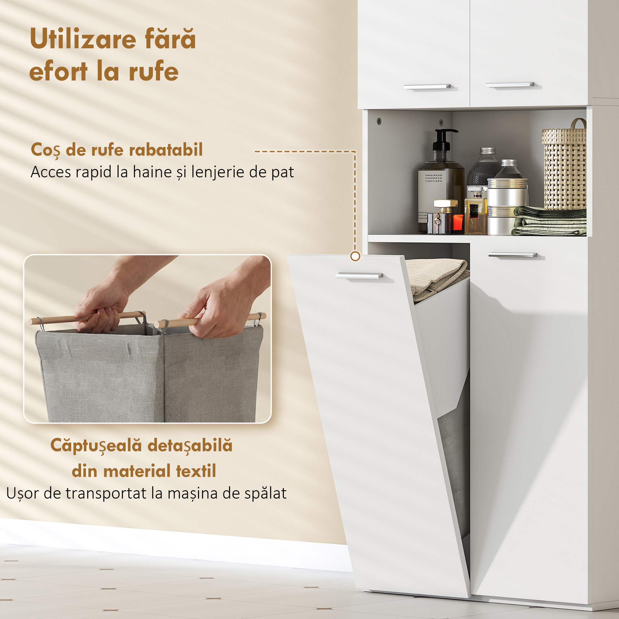  Dulap de Baie cu 2 Usi, Cos Rabatabil pentru Rufe si Raft Deschis, 60x30x174 cm, din Lemn, Alb [4]