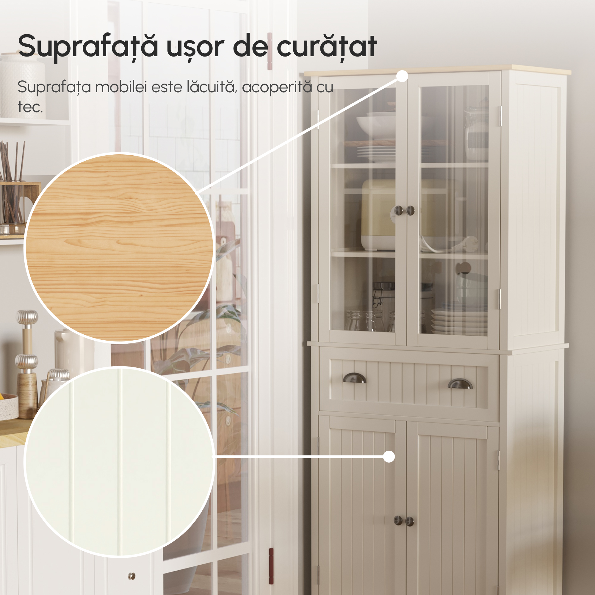  Bufet Independent de Bucatarie, Dulap de Depozitare pe 5 Nivele cu Rafturi Reglabile si Sertar, Alb-Crem [7]