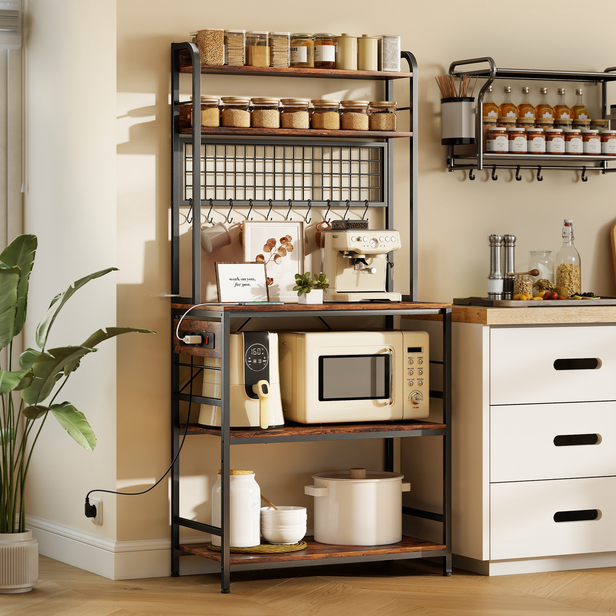  Raft de Bucatarie cu Statie de Alimentare si Rafturi Reglabile, Raft pentru Cuptor cu Microunde 5 Nivele cu Panou de Grilaj si 10 Carlige, Dulap Vintage Structura din Otel, 80x40x170 cm, Maro Rustic [1]