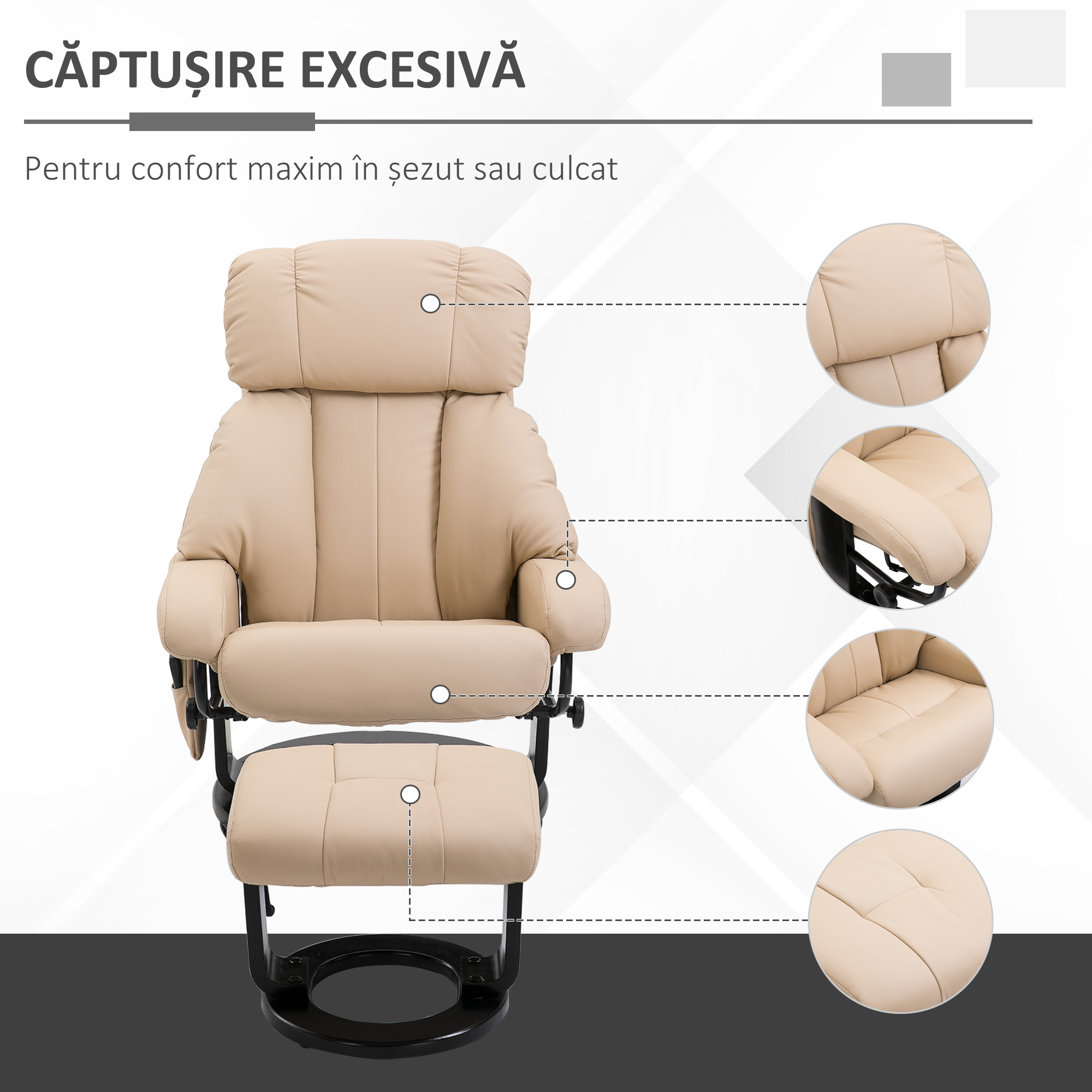  Fotoliu Relax Reclinabil si de Masaj cu Suport pentru Picioare si Telecomanda, 76x80x102 cm Crem [4]