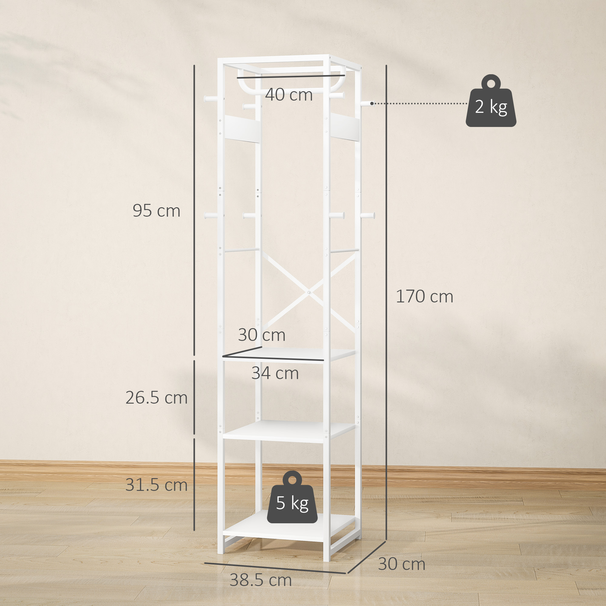  Cuier de Podea cu Bara si 3 Rafturi Deschise, 38.5x30x170 cm, Alb [2]