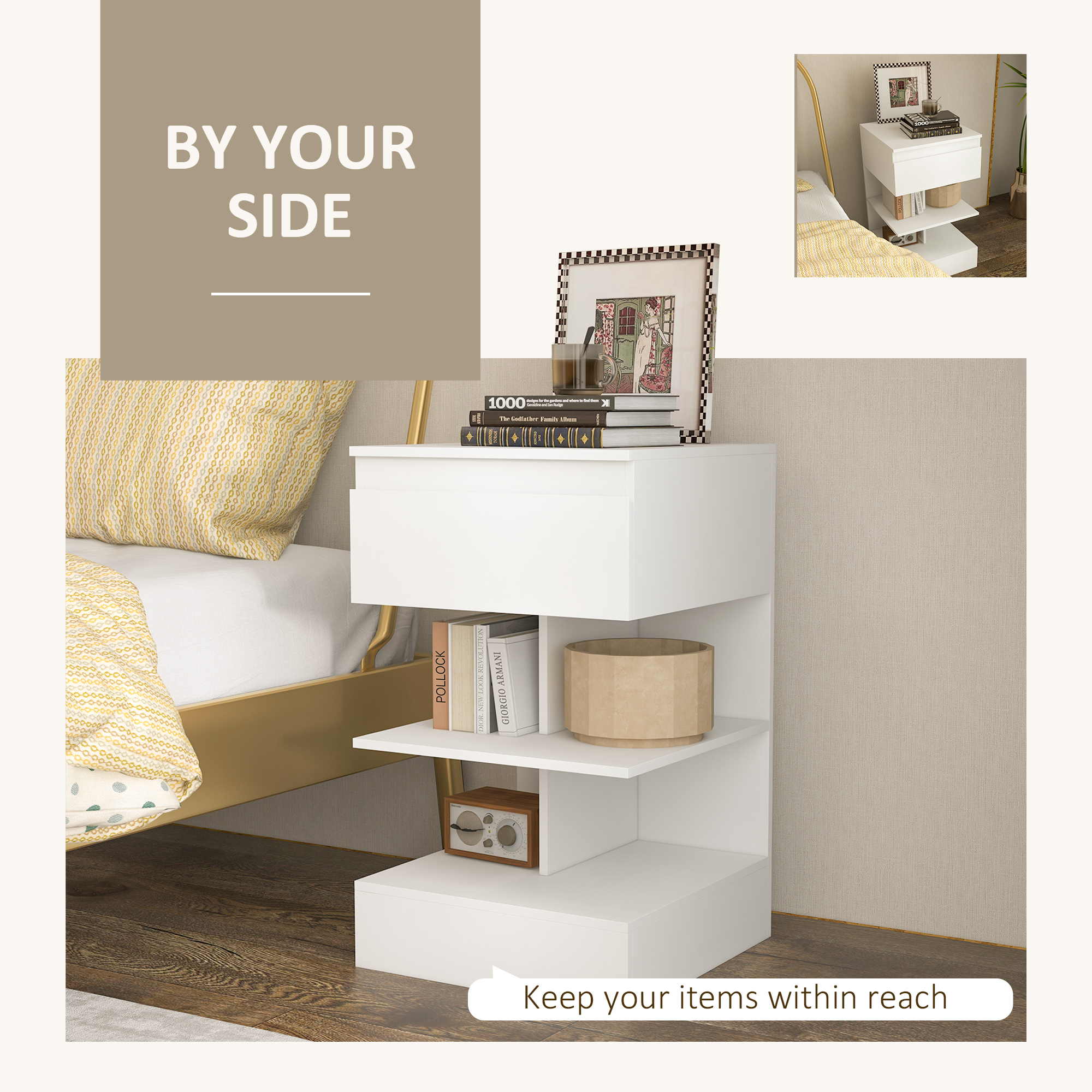  Noptiera Moderna din PAL si MDF cu un Sertar si 2 Rafturi, 39x39x65 cm, Alb [3]