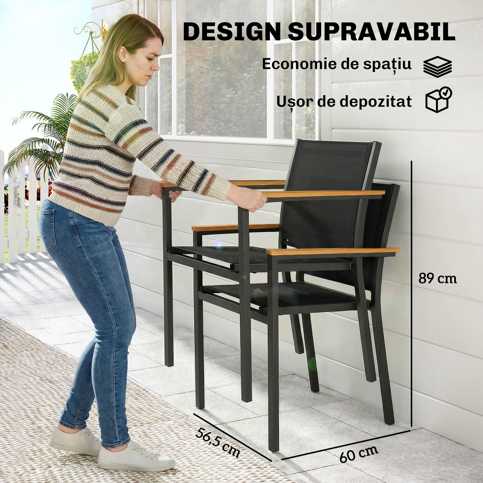  Set 2 Scaune Gradina Empilabile cu sezut si Spatar Capitonati, Gri inchis [5]