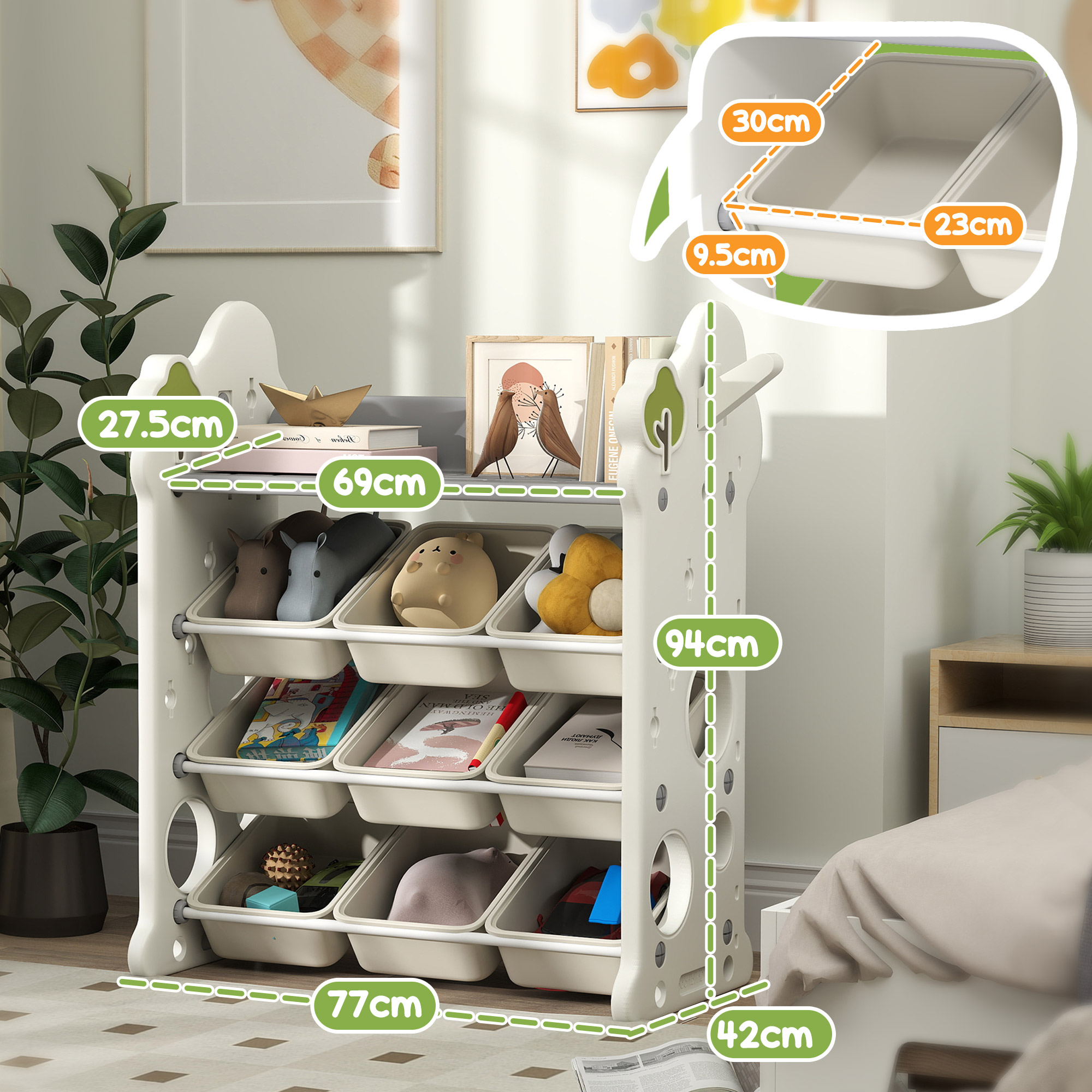  Etajera pentru Copii, Organizator de Depozitare Jucarii cu 4 Niveluri si 9 Cosuri, 77x42x94 cm, Crem Alb [2]