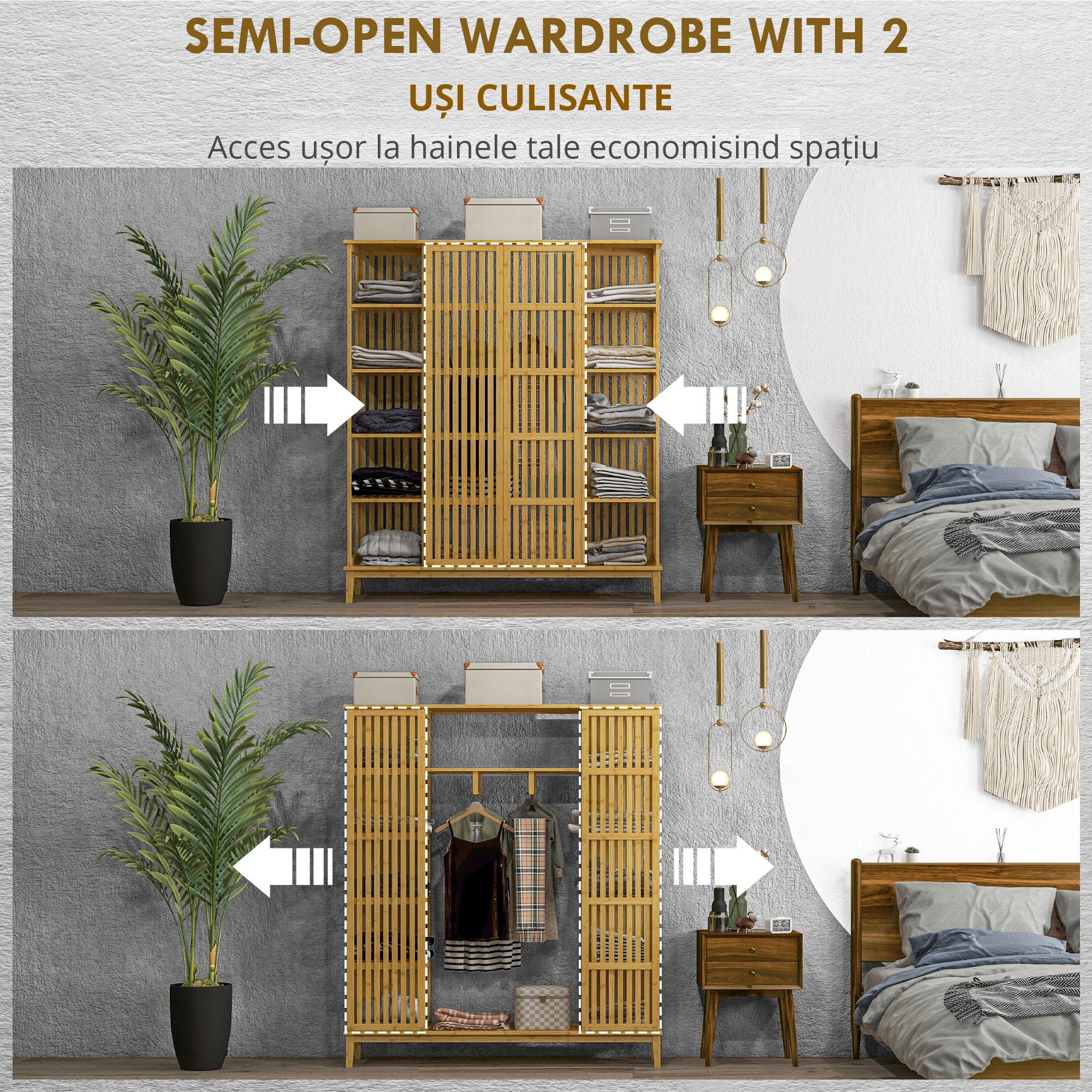  Dulap Deschis din Bambus cu 2 Usi Glisante, Rafturi Deschise si Bara pentru Umerase, 145x35x165cm [4]