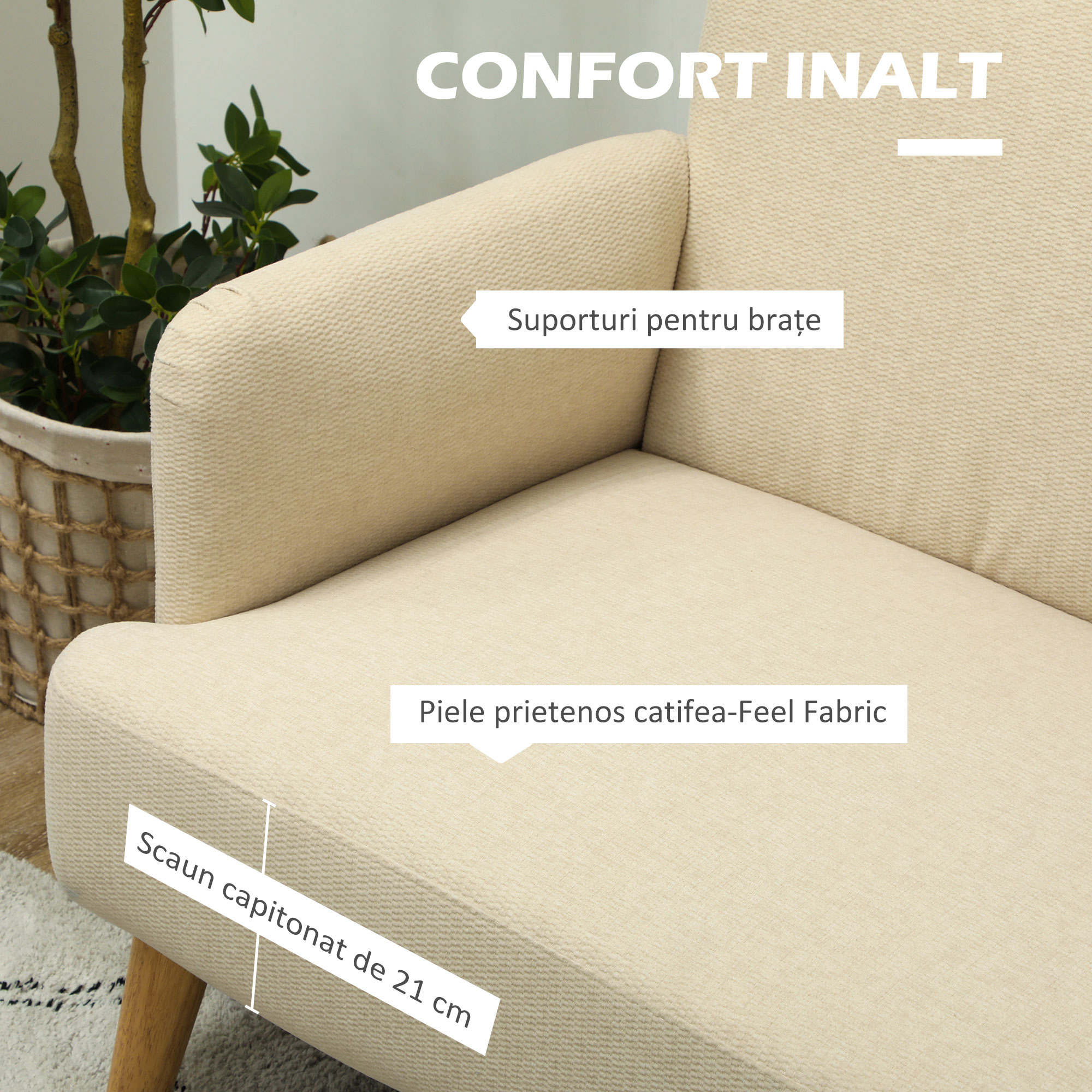  Canapea Moderna de 2 Locuri cu Efect de Catifea si Tapiterie Groasa, 140x74x79 cm, Alb Crem [3]