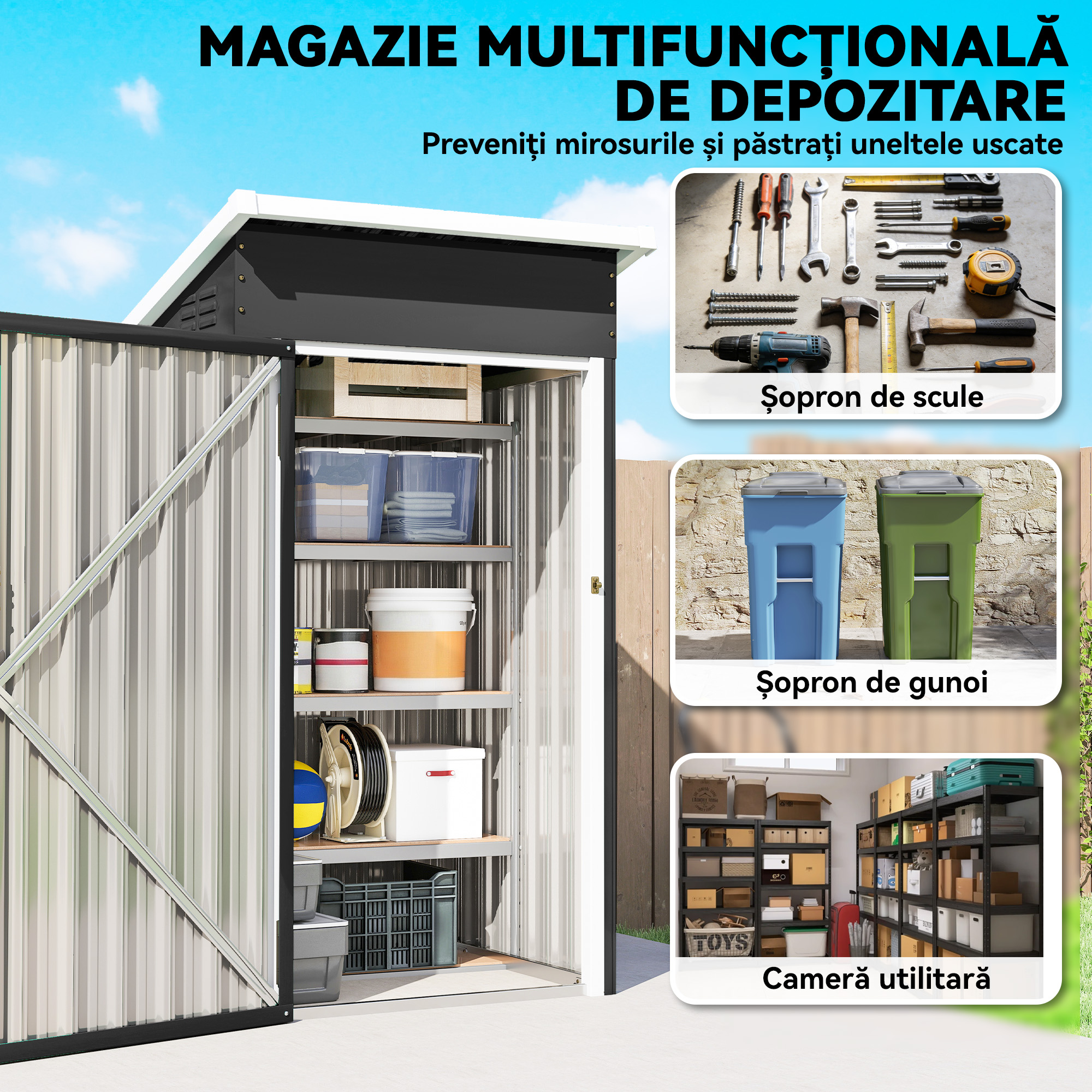  Magazie de Gradina 0,74m² din Otel Galvanizat cu Guri de Aerisire, Magazie cu Usa Blocabila, Acoperis inclinat, Manusi, Depozitare Unelte, 107,5x91x185 cm, Gri inchis [3]