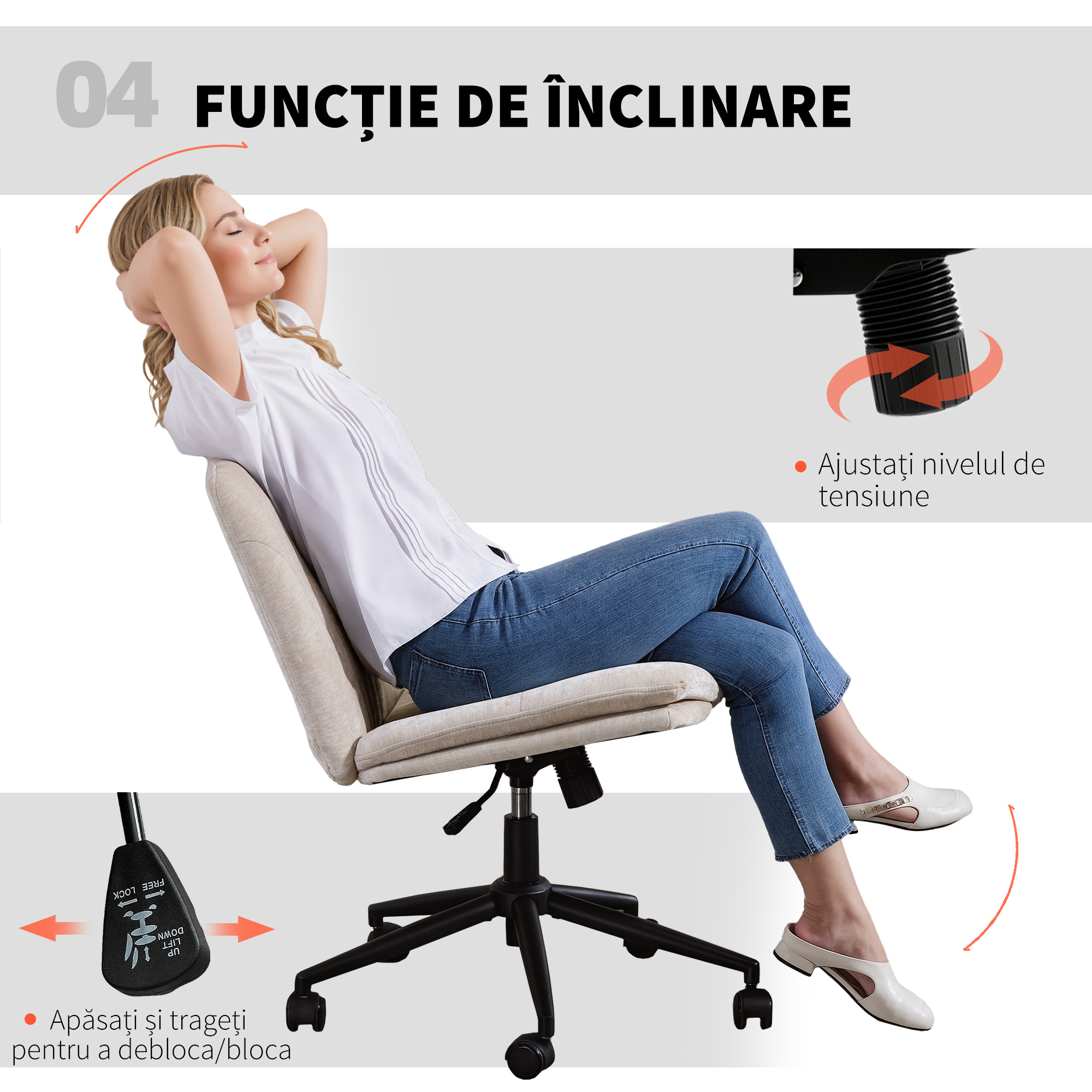  Scaun de Birou Reglabil, inclinabil si Rotativ, din tesatura Chenille si Otel, 62x67x83-93 cm, Bej [6]