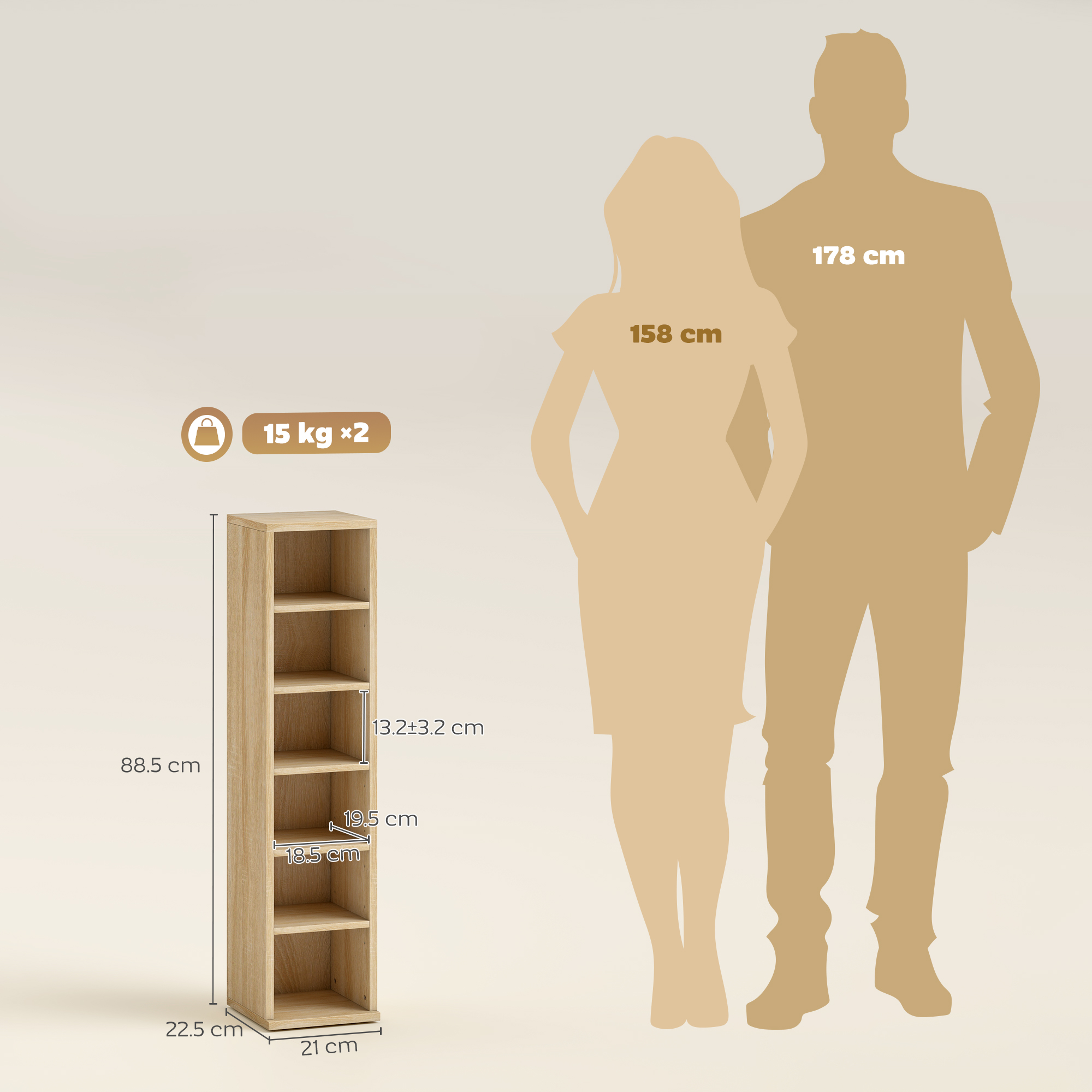  Set de 2 Rafturi pentru CD-uri cu Polite Reglabile, Capacitate 204 CD-uri, Design Compact, 21x22,5x88,5 cm, Stejar [2]