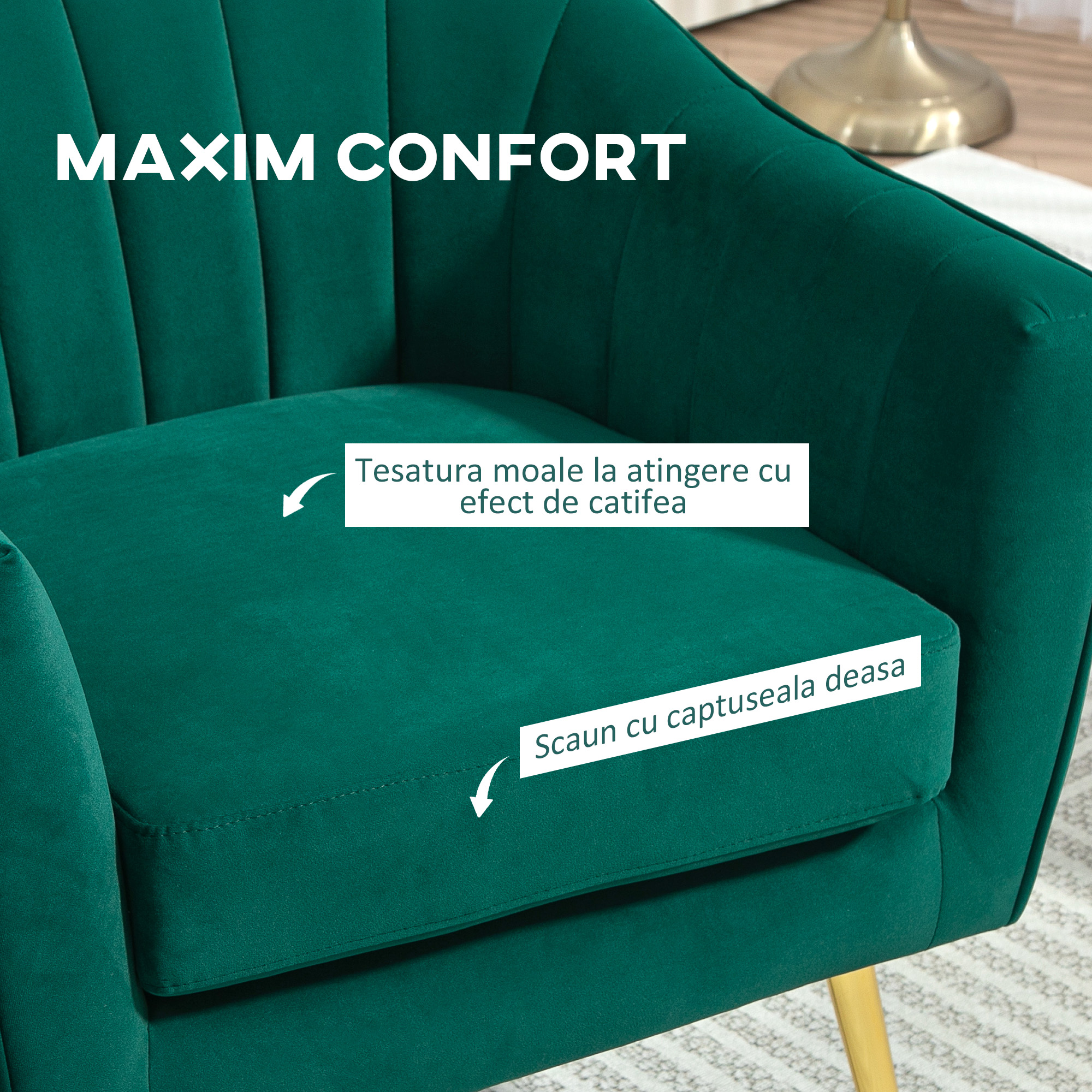  Fotoliu din catifea verde cu picioare metalice aurii, Scaun modern pentru living si dormitor [3]