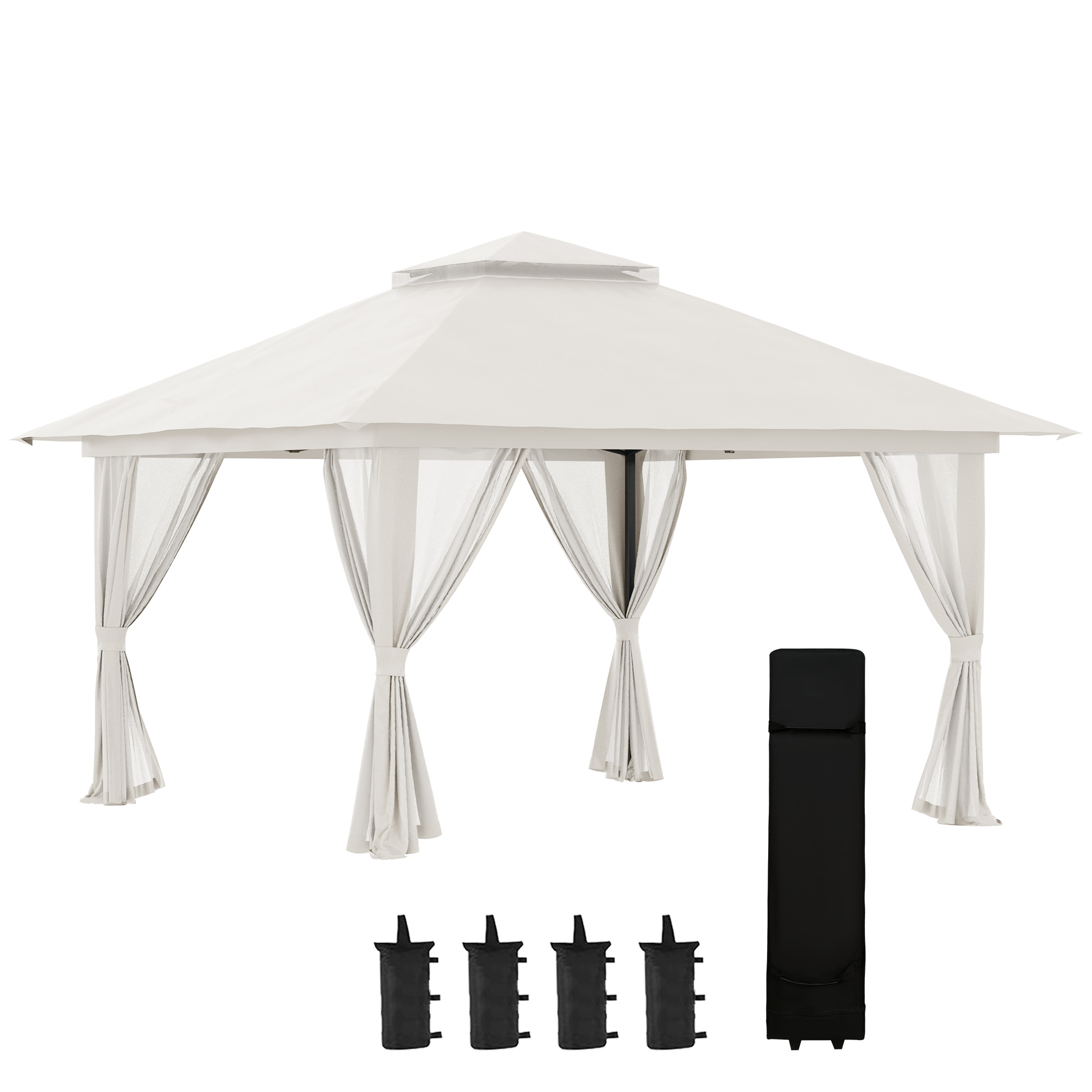 Gradina & balcon -  Foisor Pliabil Pop Up 4x4 m cu Inaltime Reglabila pe 3 Nivele, Foisor Exterior cu Plase de tantari, Saci de Nisip, Geanta de Transport, UV50+, pentru Gradina, Camping, Evenimente, Crem