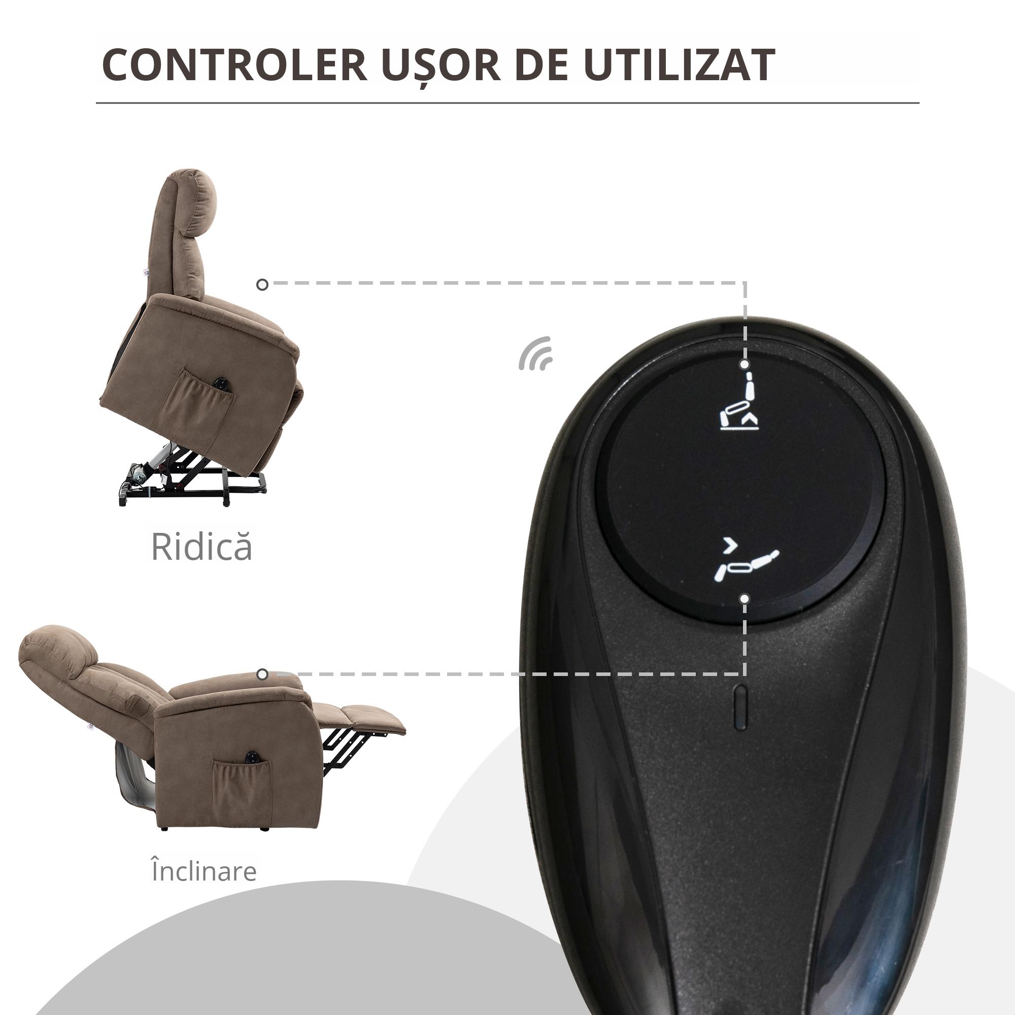  Fotoliu rabatabil cu sistem de ridicare 150° max, telecomanda si suport pentru picioare, 75x93x110 cm, maro [6]