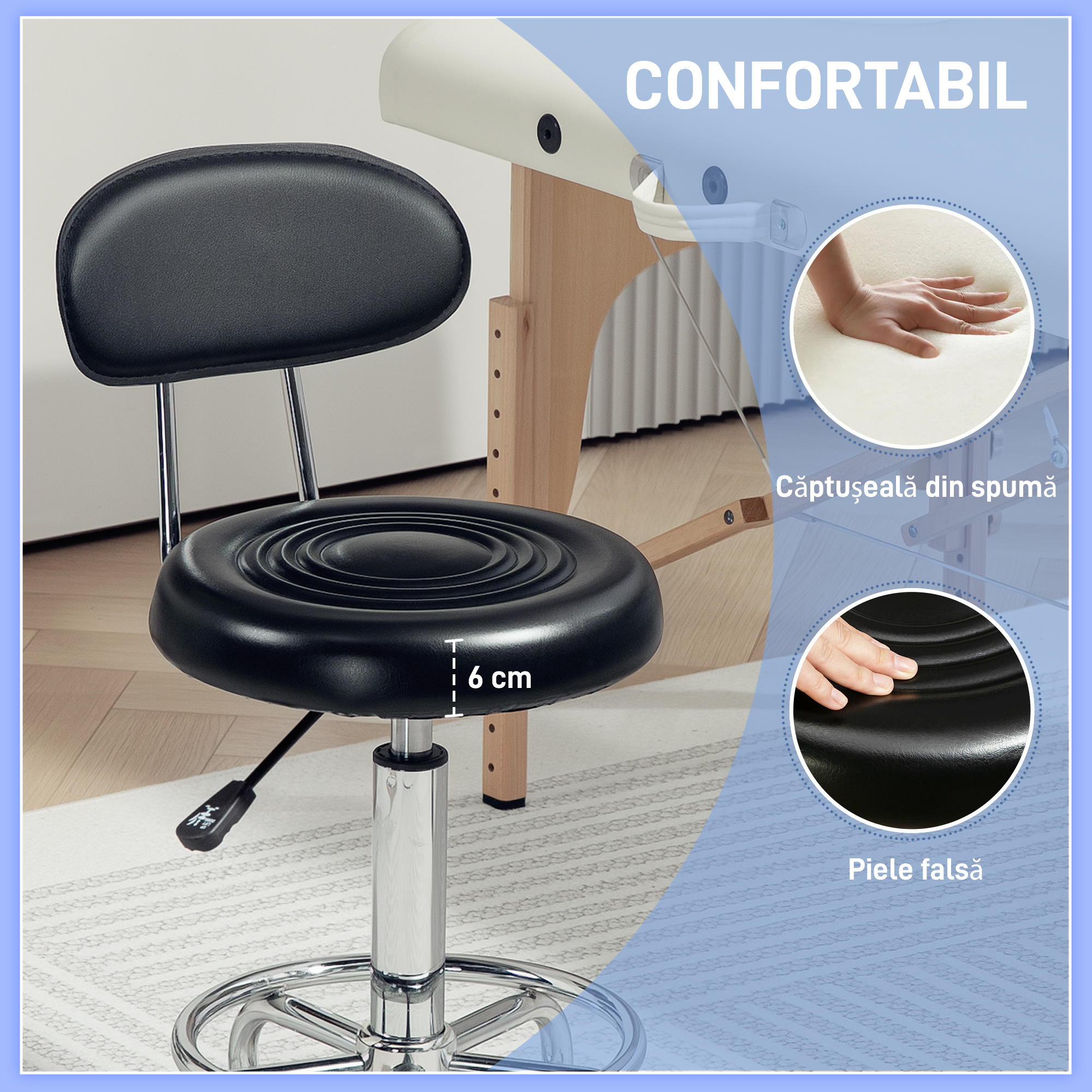  Scaun Rotativ Reglabil la 360°, Scaun Estetician cu Spatar, Roti si Suport pentru Picioare, din Otel, Piele Sintetica, 32x40x70-86 cm, Negru [3]