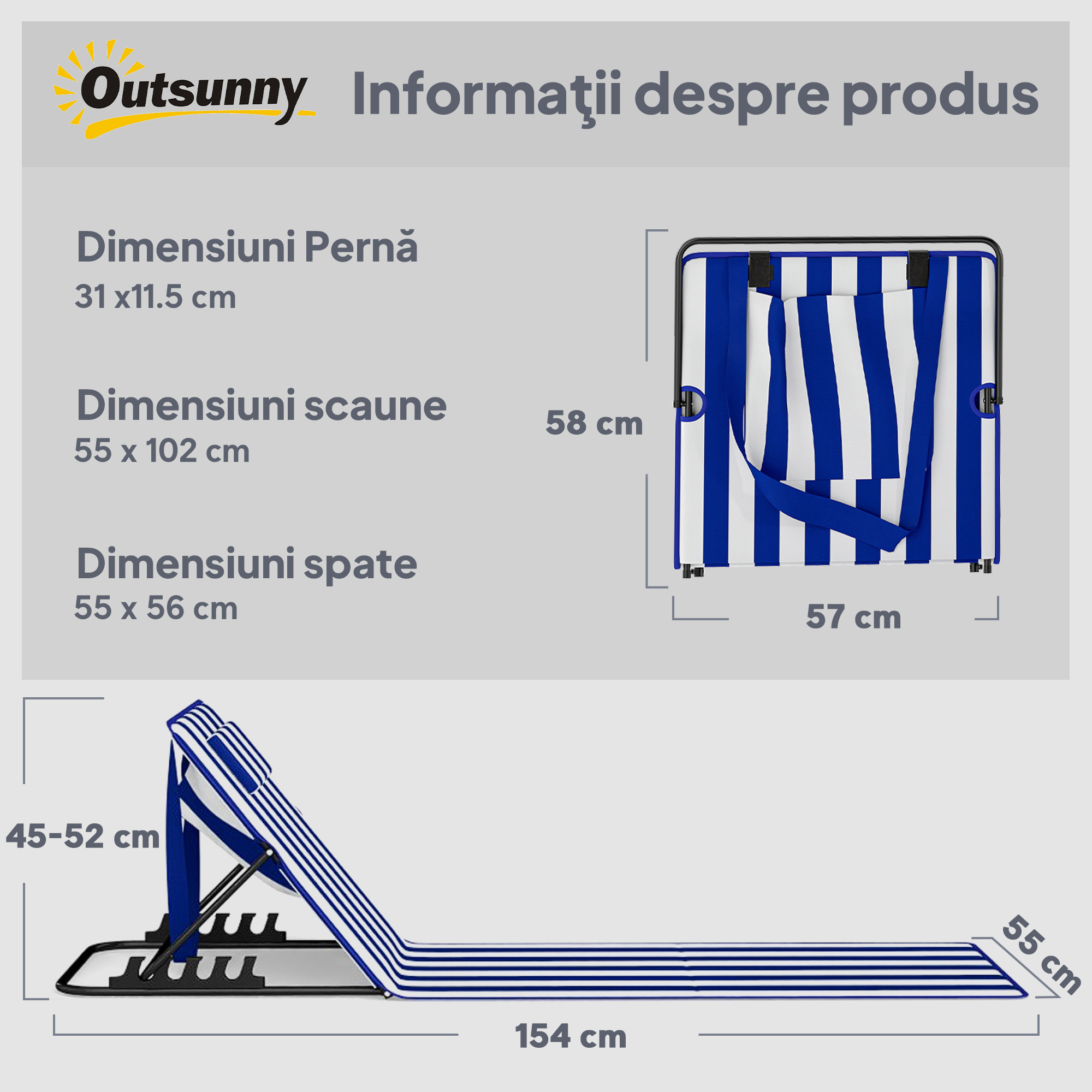  Set 2 Saltele de Plaja cu Spatar Reglabil pe 4 Nivele, din Otel si Poliester, 154x57x52 cm, Albastru si Alb [2]