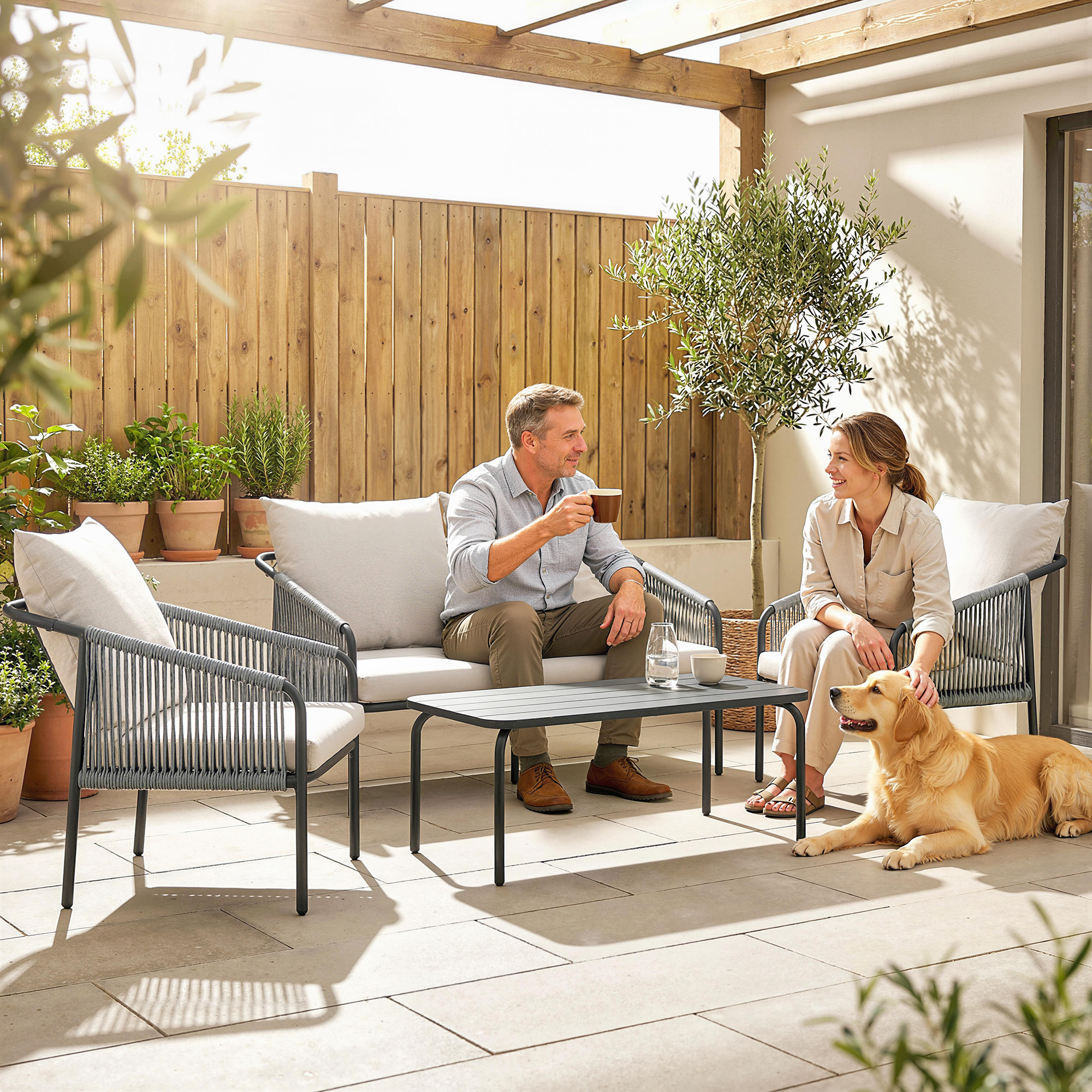  Set de Gradina din Ratan 4 Piese cu Canapea, Fotolii, Masuta, Bej [7]