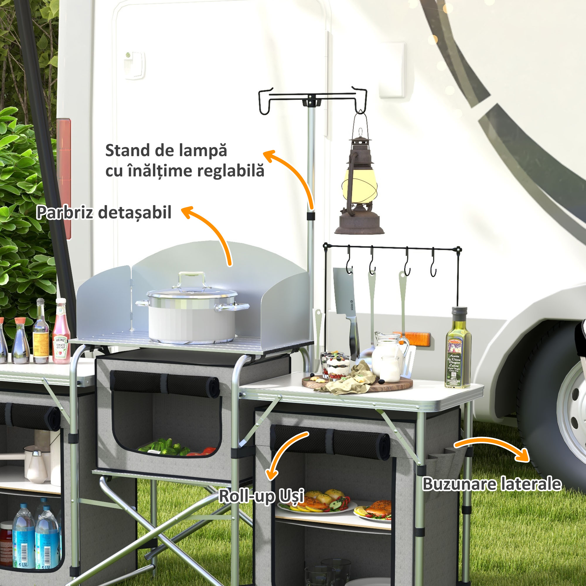  Bucatarie de Camping Pliabila cu 3 Niveluri, 5 Rafturi Interioare si 4 Carlige, 172x48x119 cm, Gri si Argintiu [4]