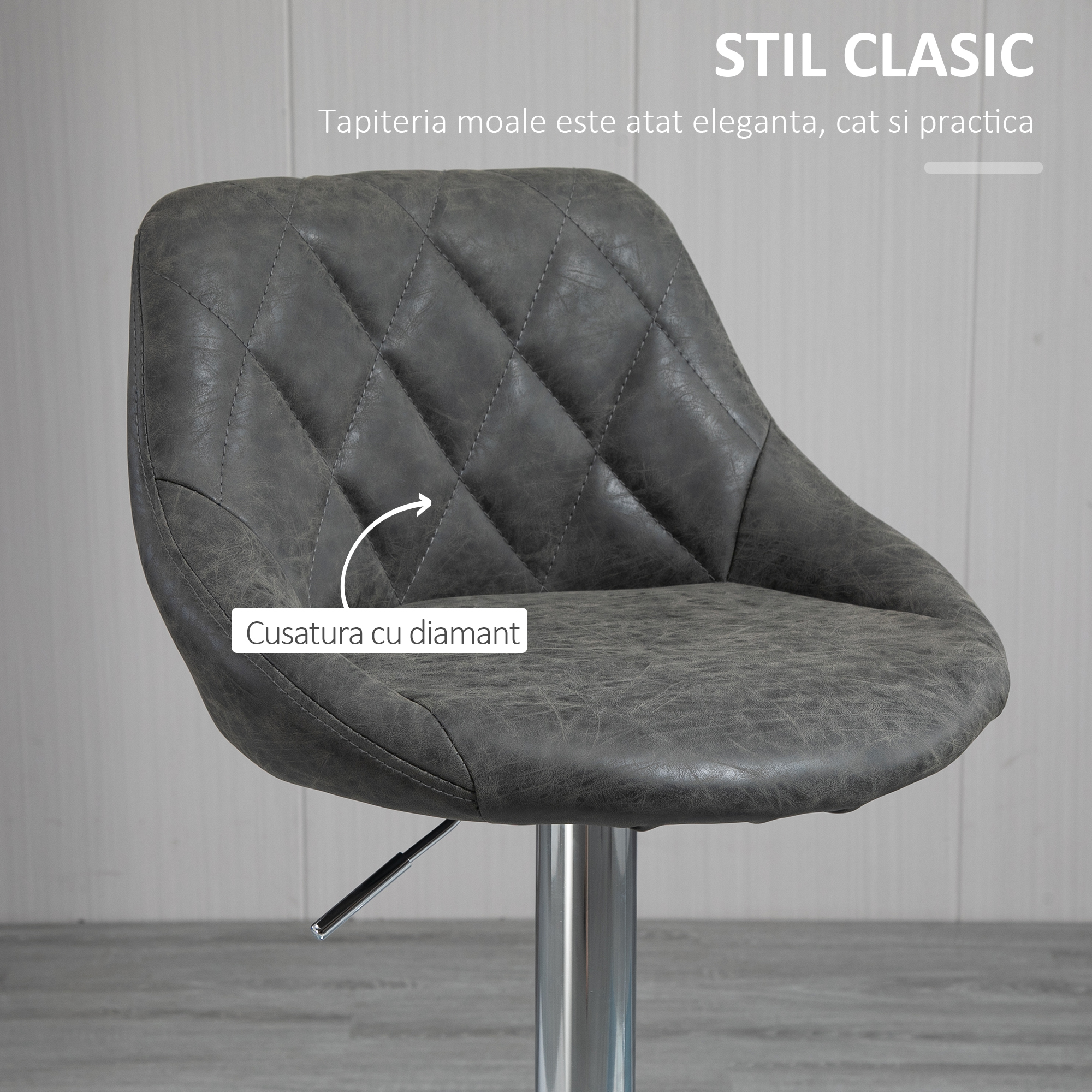  Set 2 Scaune de Bar Pivotante Reglabile in Inaltime din Imitatie de Piele Gri [5]