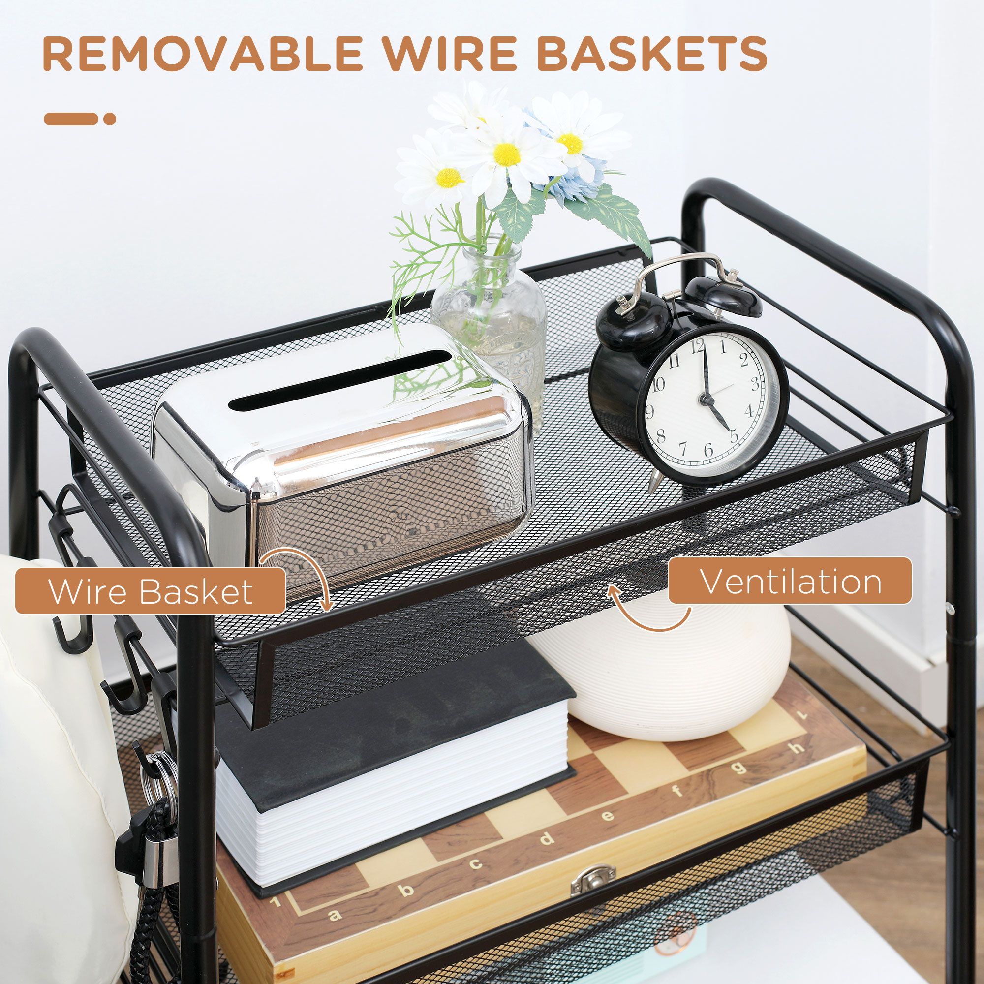  Carucior de bucatarie cu 3 niveluri cu cosuri detasabile si 4 roti, otel si plastic PP, 45Lx26,5x63cm, Negru [4]