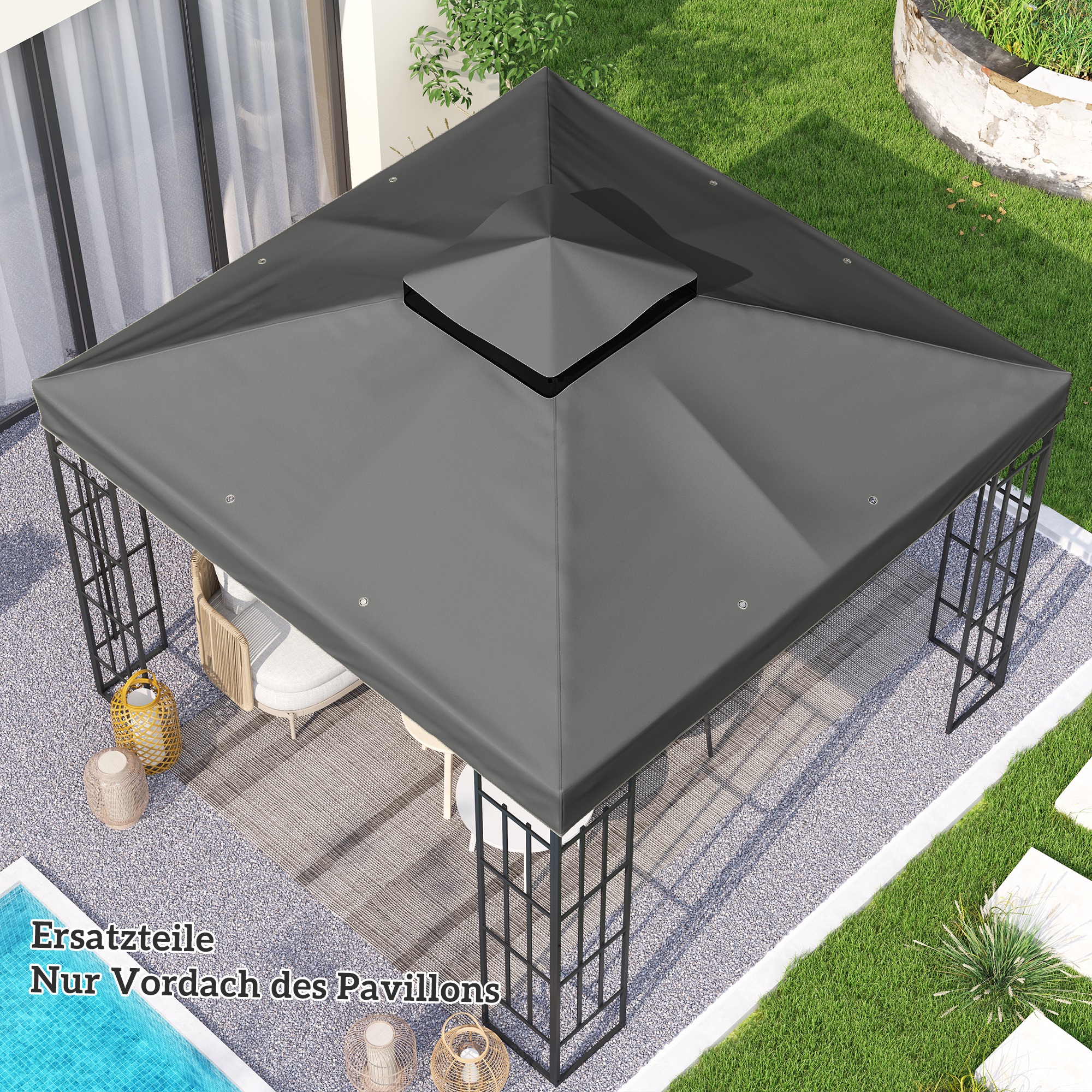  Husa de schimb pentru pavilion 3 x 3 m, prelata de schimb pentru pavilion cu orificii de scurgere a apei, UPF30+, protectie solara, gri inchis [4]