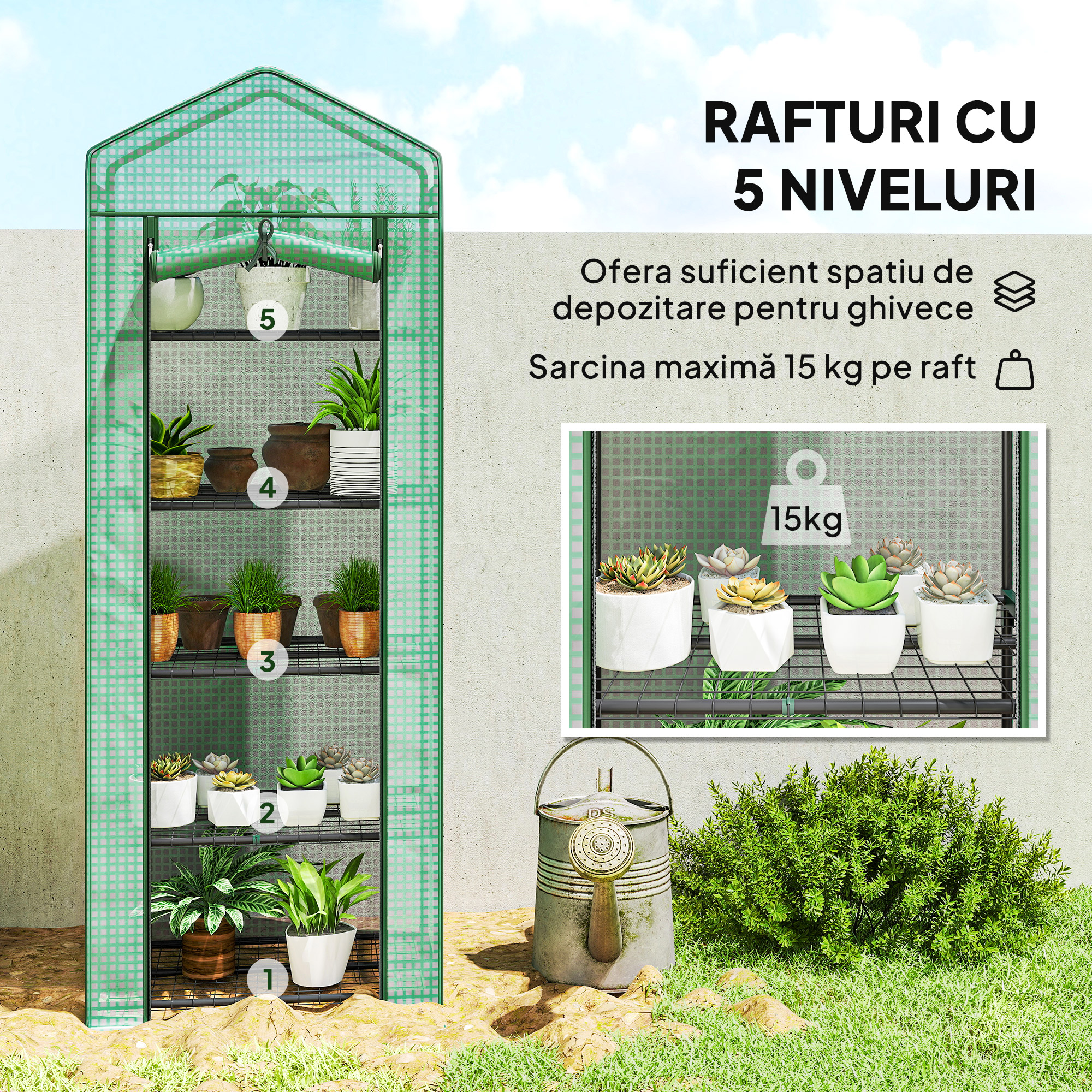  Sera pentru Plante cu 5 Niveluri, cu Usa cu Fermoar, din Otel si PE, 69x49x193 cm, Verde [4]